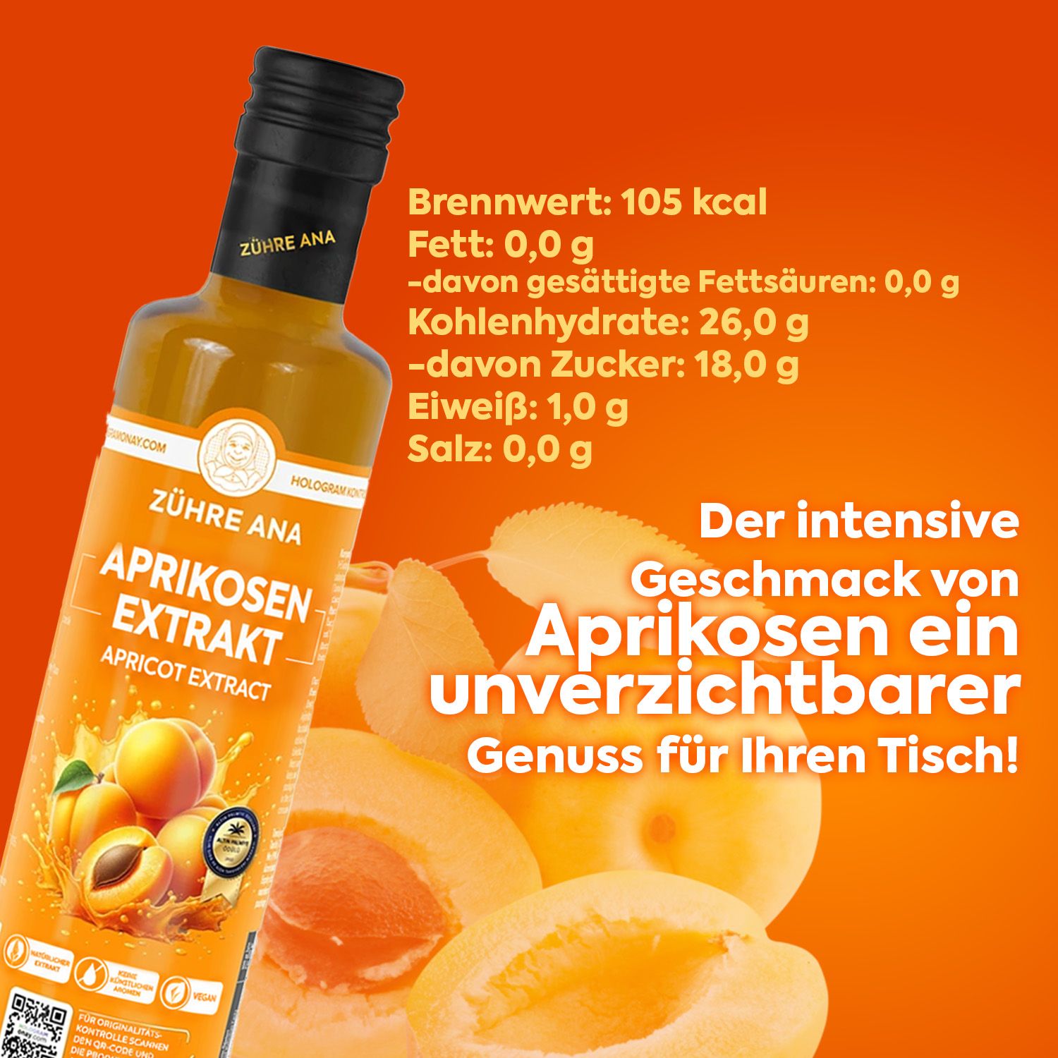 Bouteille d'extrait d'abricot, étiquette avec fruits et texte.