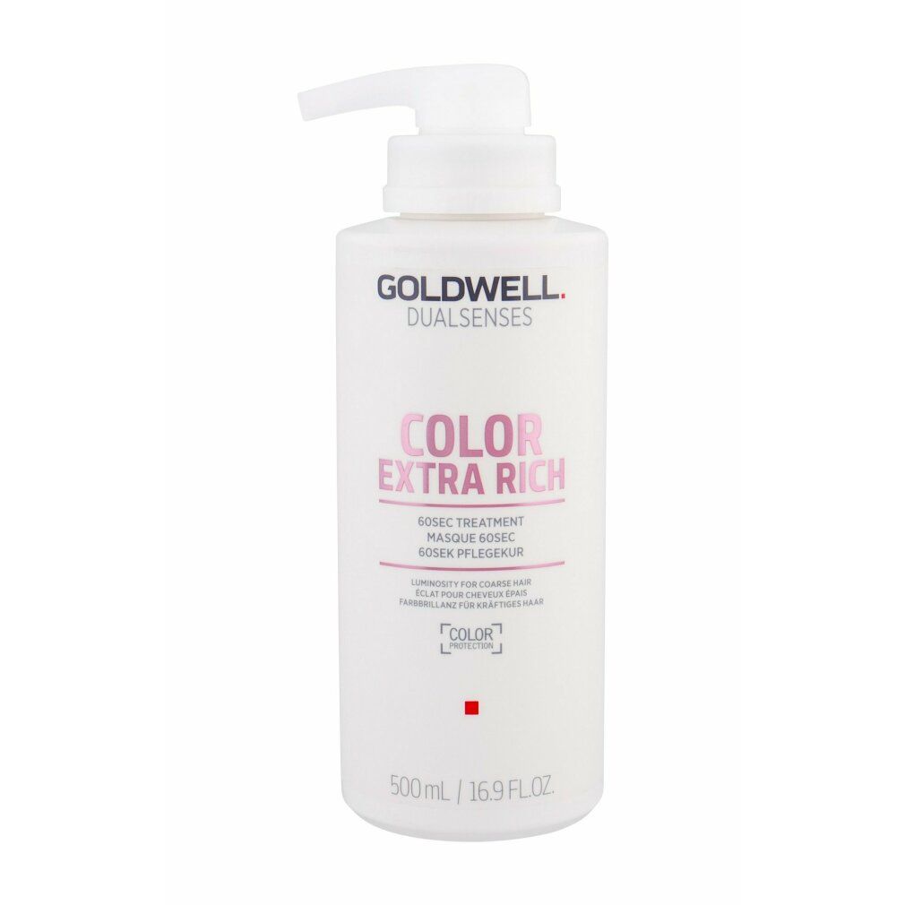 Witte fles met pomp. Opschrift: GOLDWELL DUALSENSES COLOR EXTRA RICH. 500ml. Rode stip.
