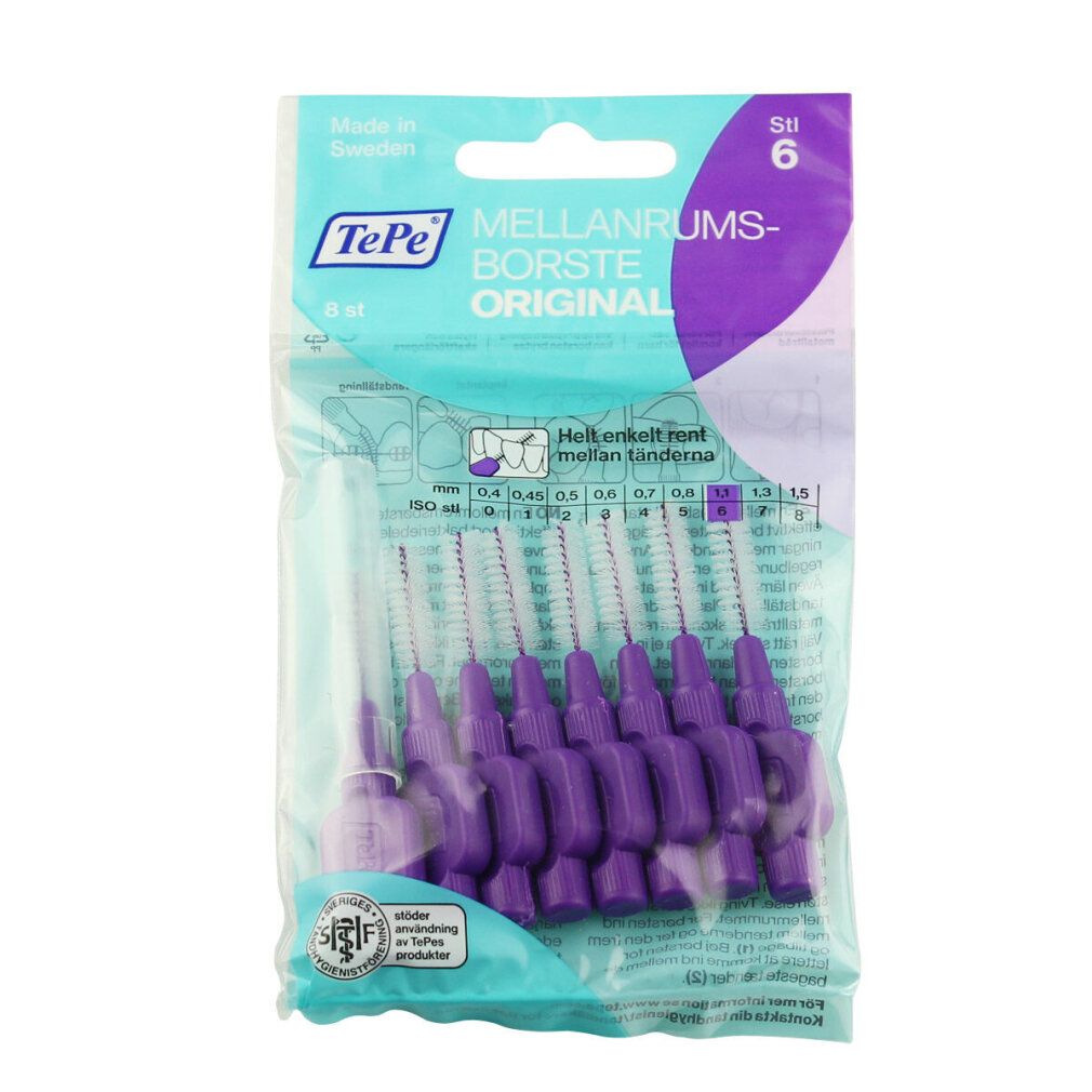Verpakking met 8 paarse TePe interdentale borstels. Opschrift: Mellanrumsborste Original. Maat: 1.10 mm.