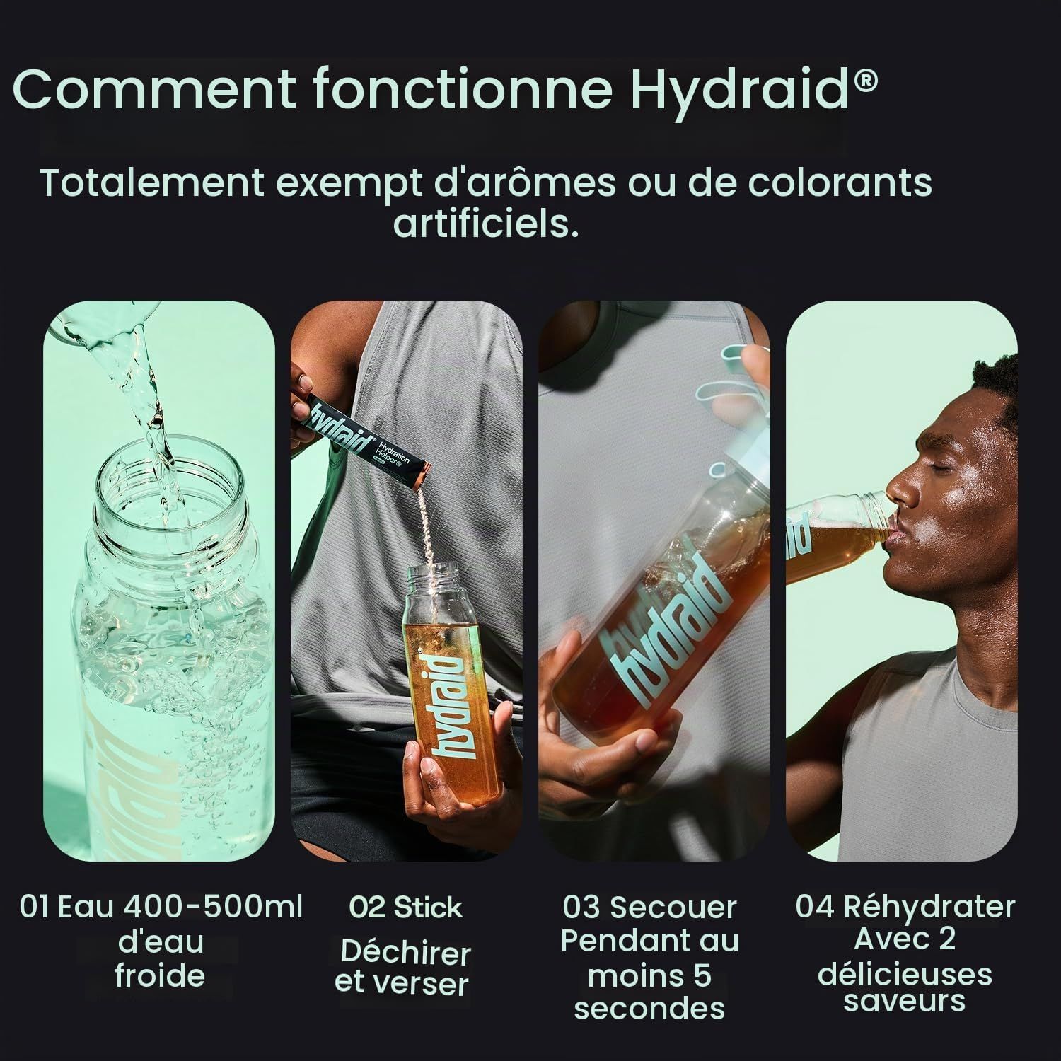 Instructions pour préparer Hydraid : eau, ouvrir stick, secouer, boire.