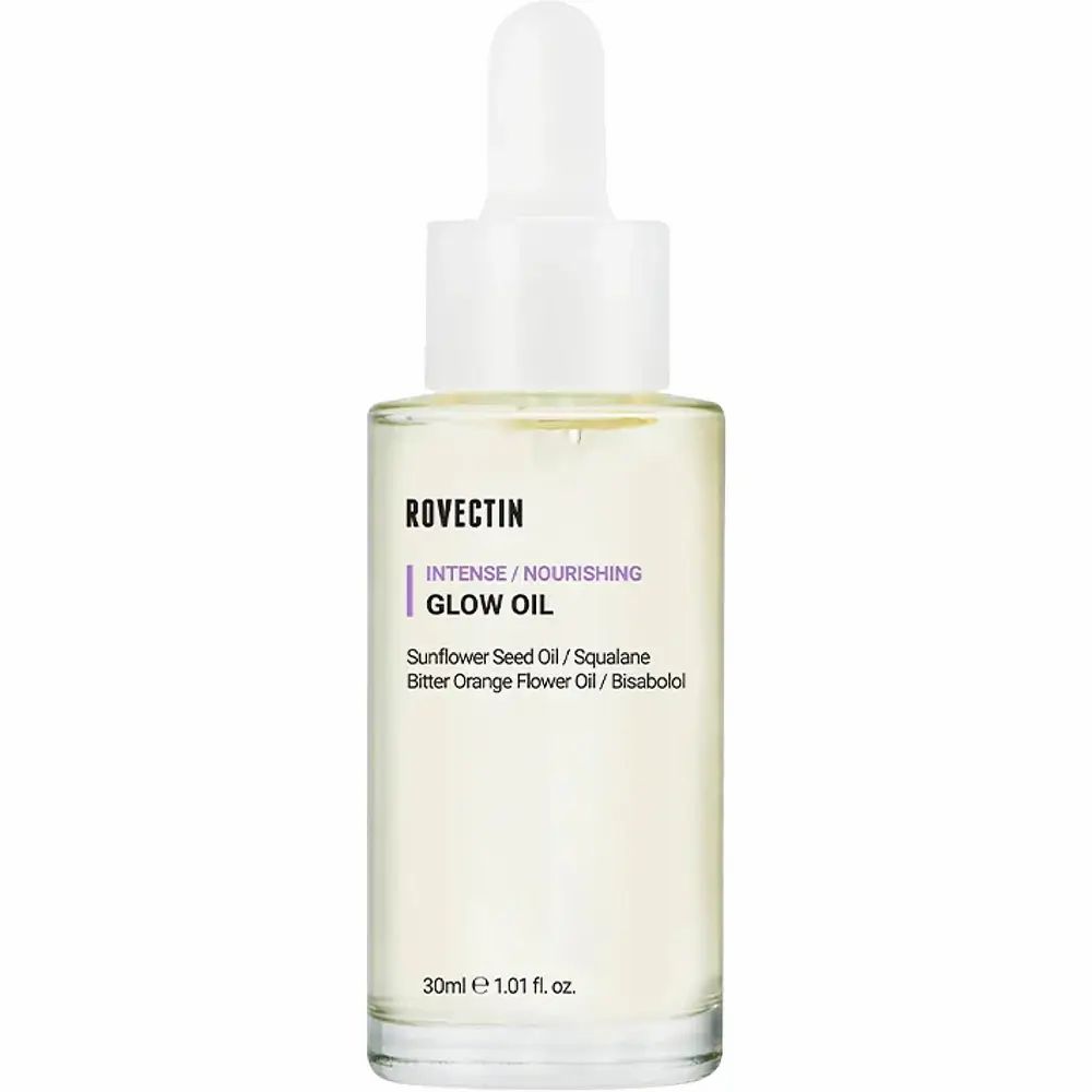 Gezichtsolie fles met pipet. Transparant, witte dop. Tekst: ROVECTIN, INTENSE / NOURISHING GLOW OIL. Ingrediënten. 30ml.