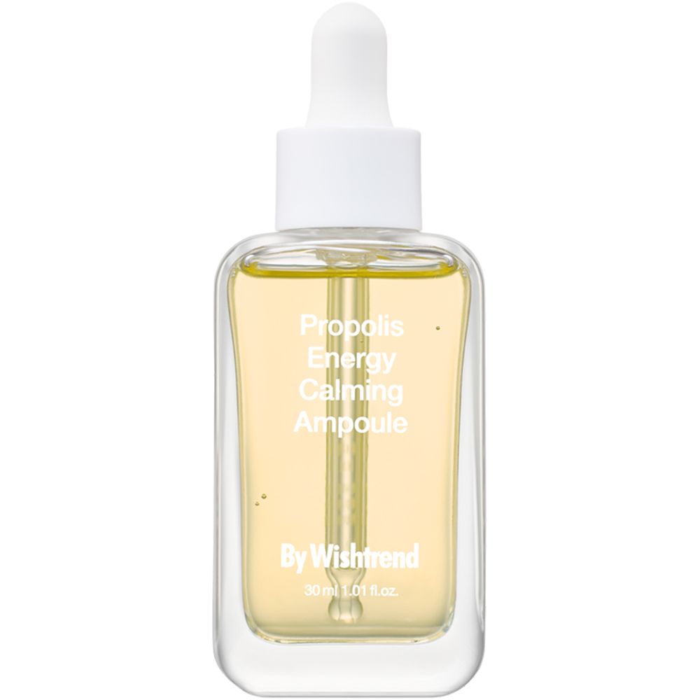 Flacon en verre avec liquide jaunâtre. Inscription : Propolis Energy Calming Ampoule. Marque : By Wishtrend.