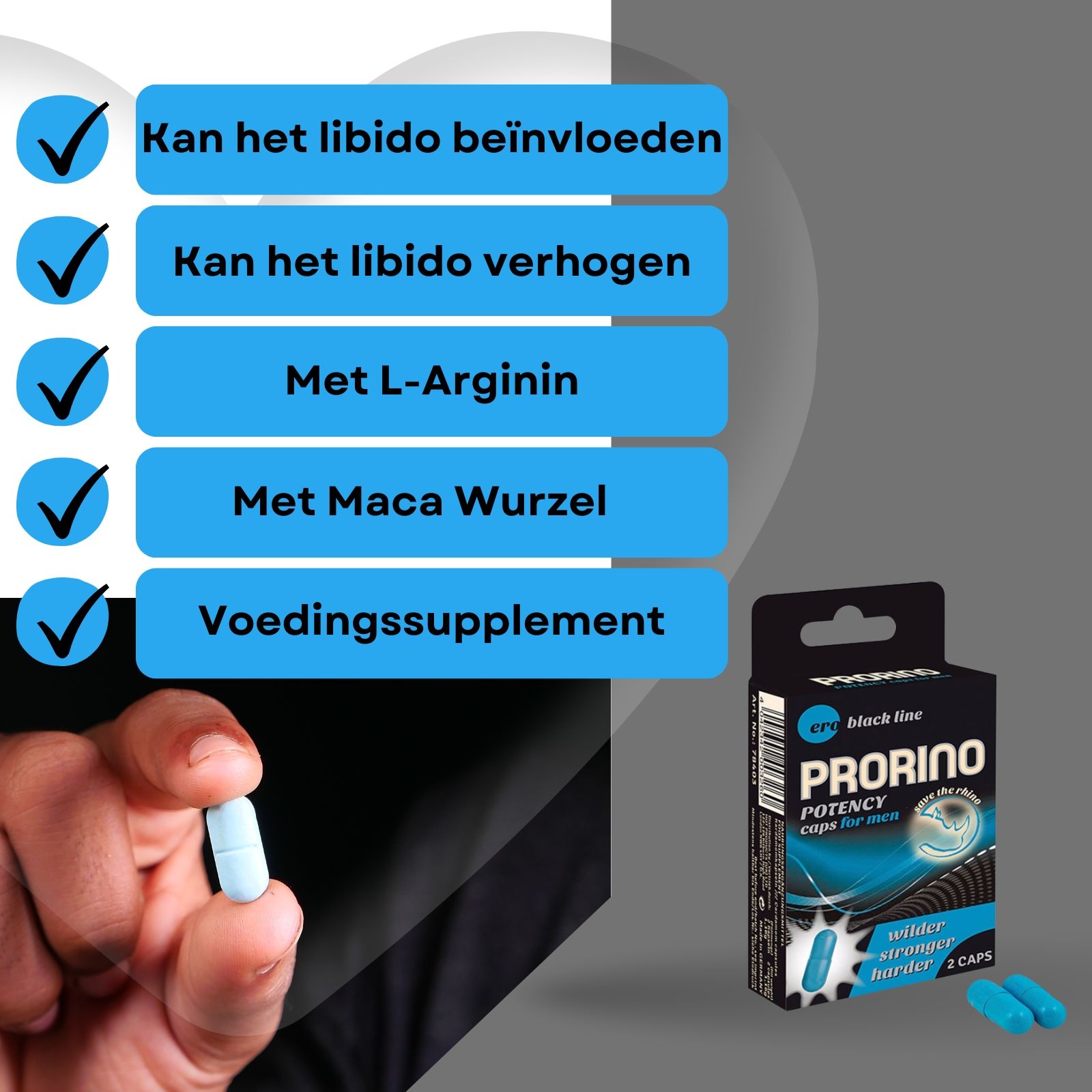 Verpakking en blauwe capsules. Tekst: Prorino, Potency caps for men, 2 caps. Hand met capsule.