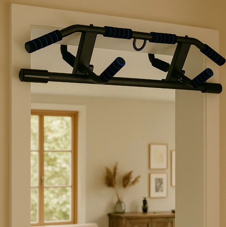 Barre de traction noire avec poignées bleues, fixée à un cadre de porte. L'arrière-plan est une pièce.