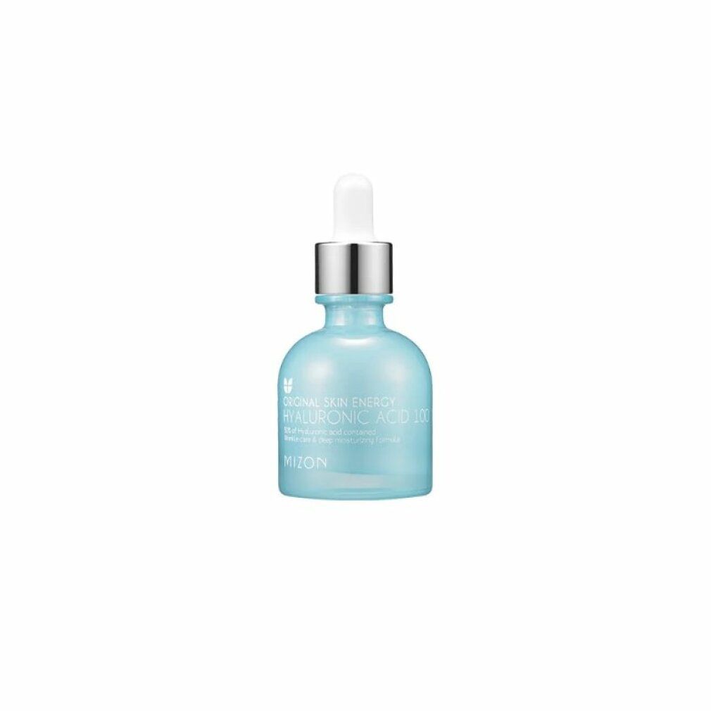Flacon bleu clair avec bouchon argenté et pipette. Inscription : Original Skin Energy Hyaluronic Acid 100. Marque Mizon.