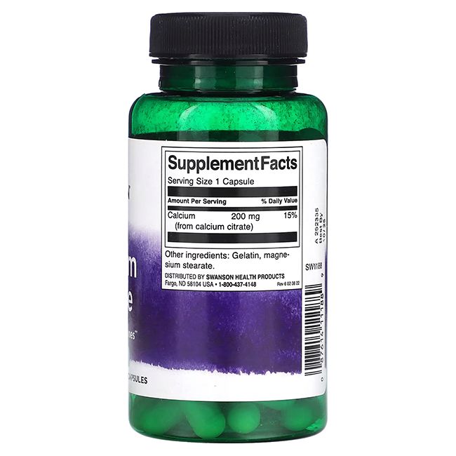 Capsules vertes dans un flacon vert. Étiquette avec informations nutritionnelles: Calcium 200 mg (de citrate de calcium).