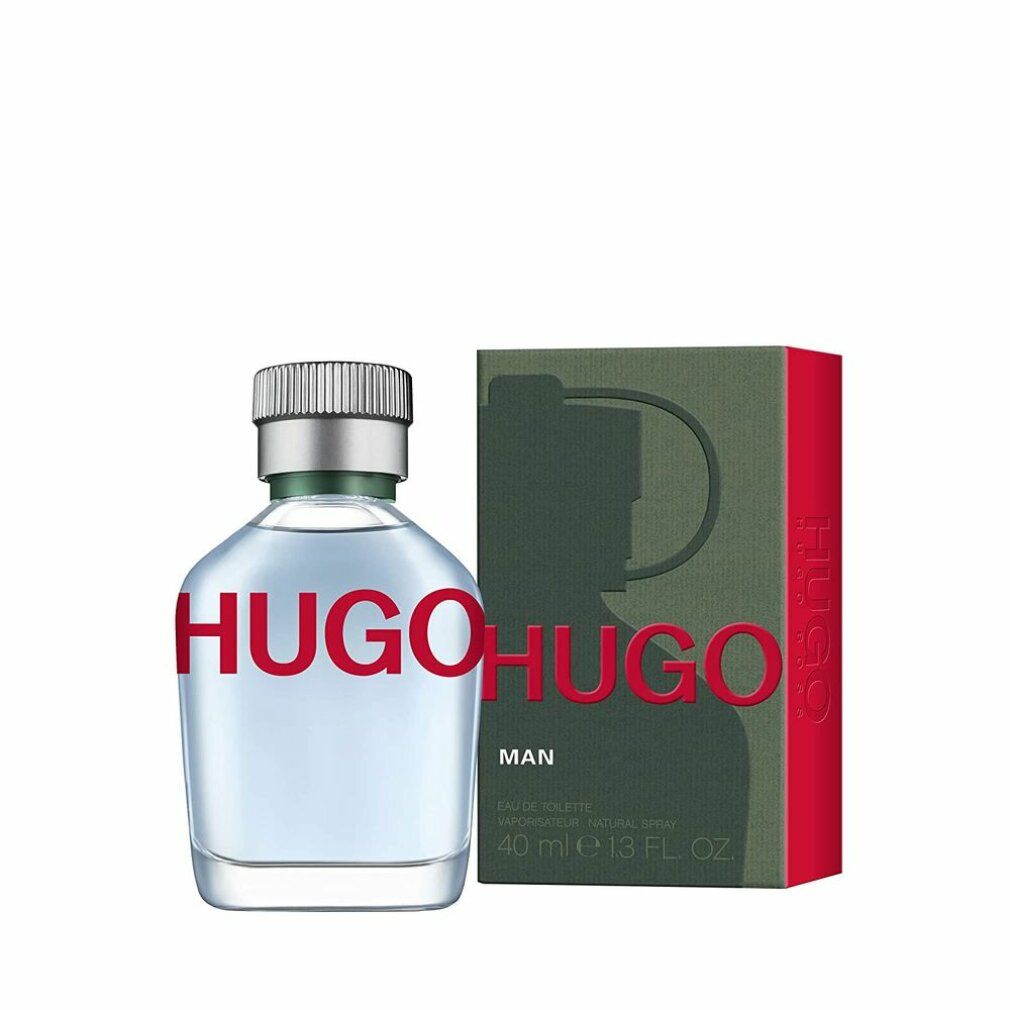 Flacon de parfum bleu clair avec lettrage HUGO rouge et emballage vert. Inscription : HUGO MAN.