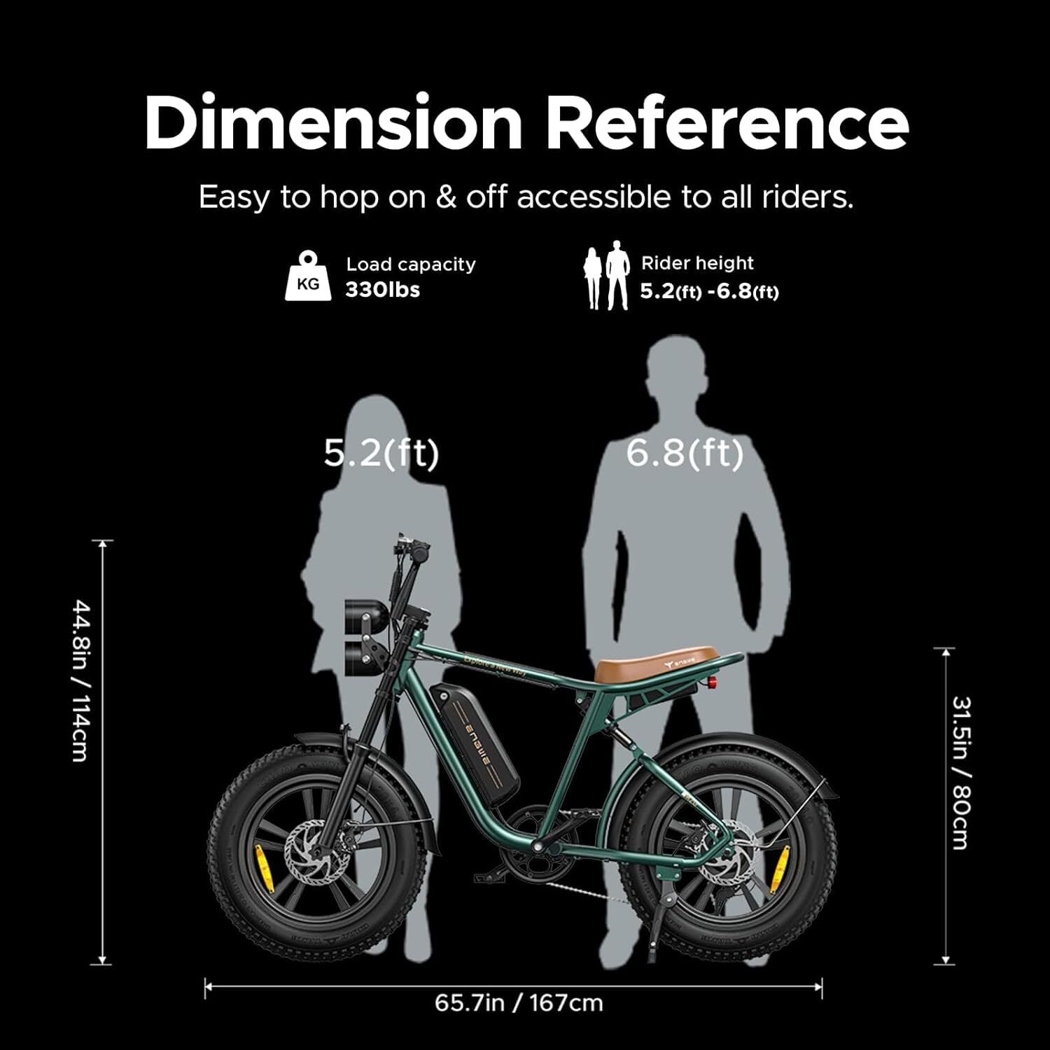 Infographie : Dimensions du VTT électrique. Capacité de charge 330 lbs, taille du cycliste 5.2-6.8ft, dimensions en pouces et cm.