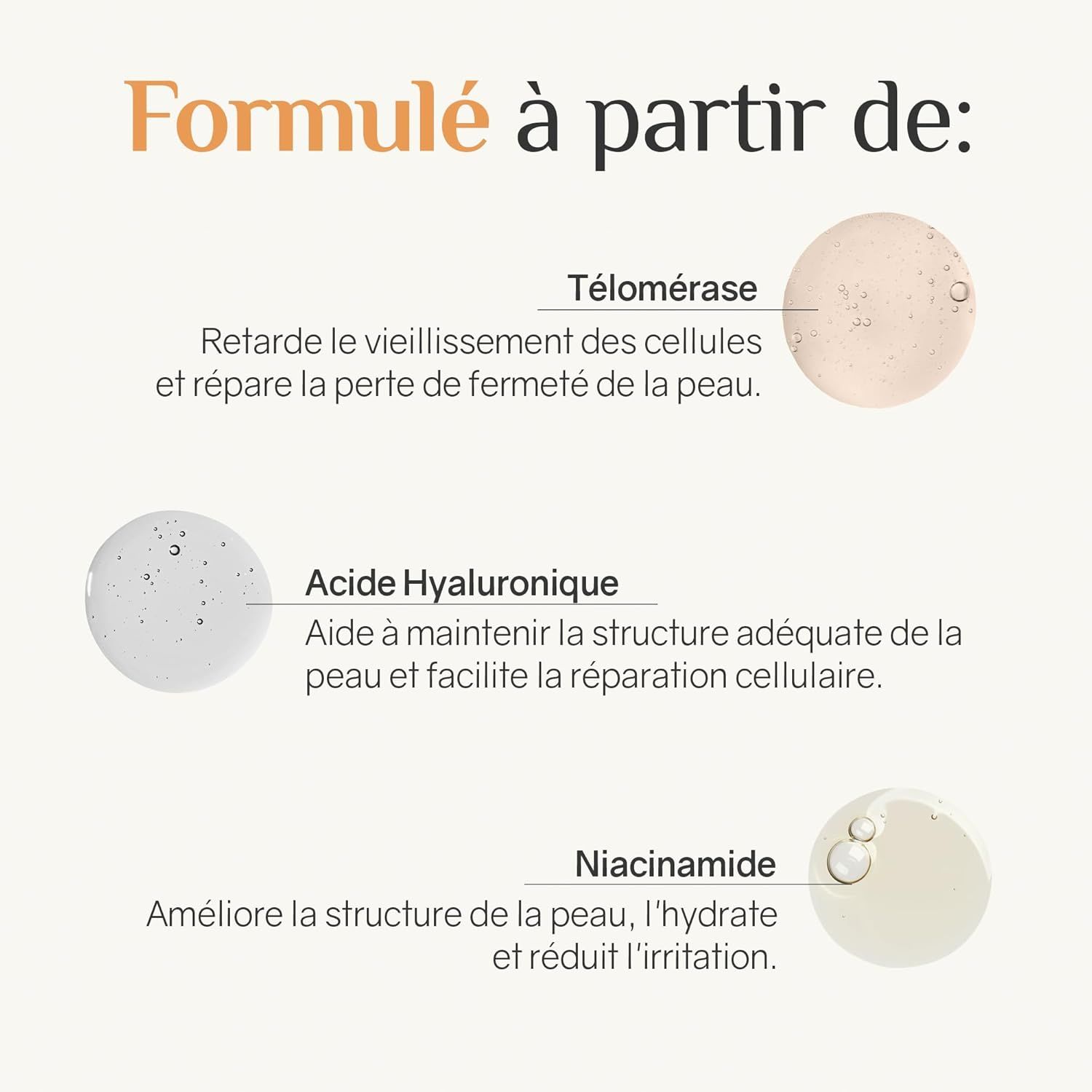 Trois gouttes de sérum contenant de la télomérase, de l'acide hyaluronique et du niacinamide.