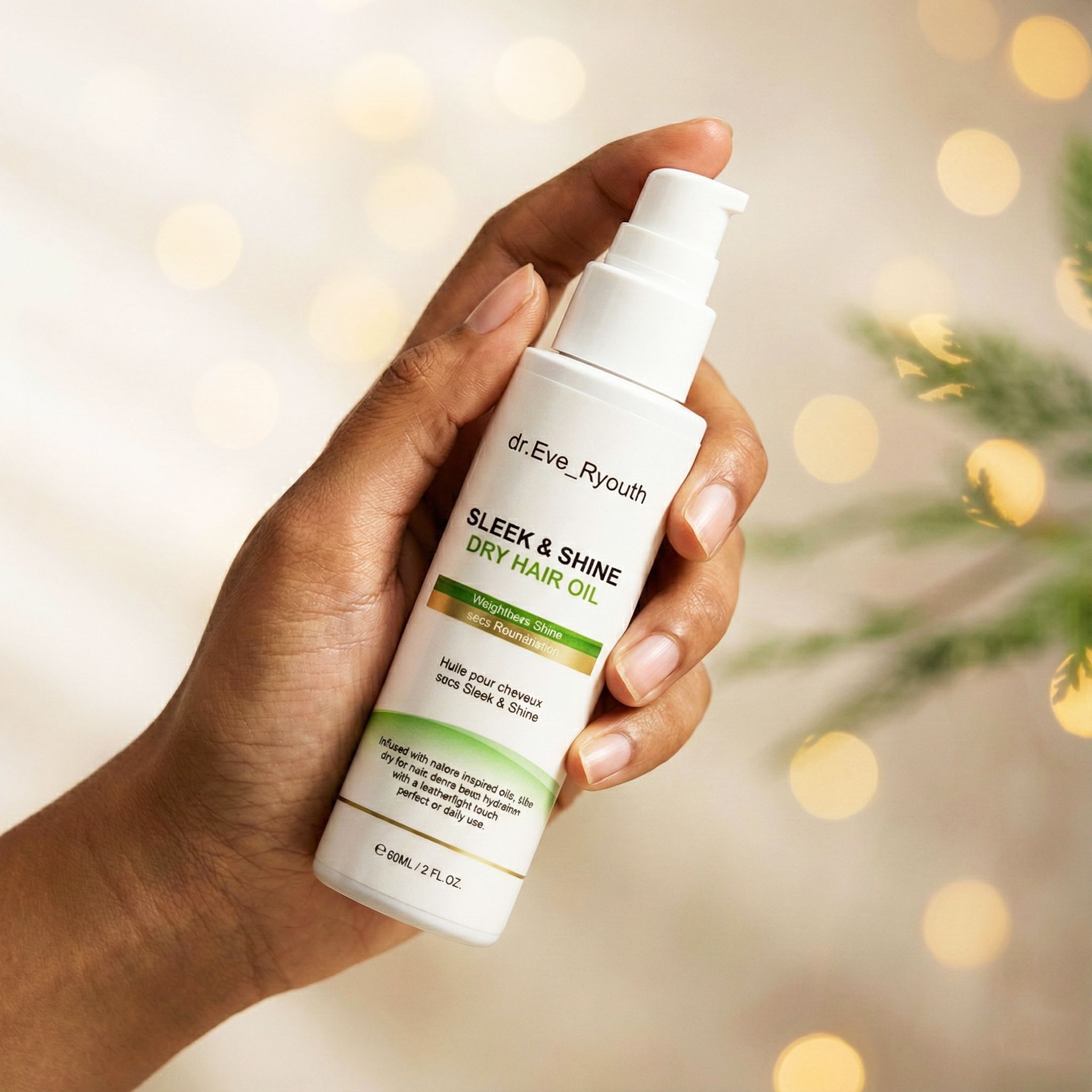Une main tient une bouteille blanche d'huile sèche Sleek & Shine de dr. Eve_Ryouth.