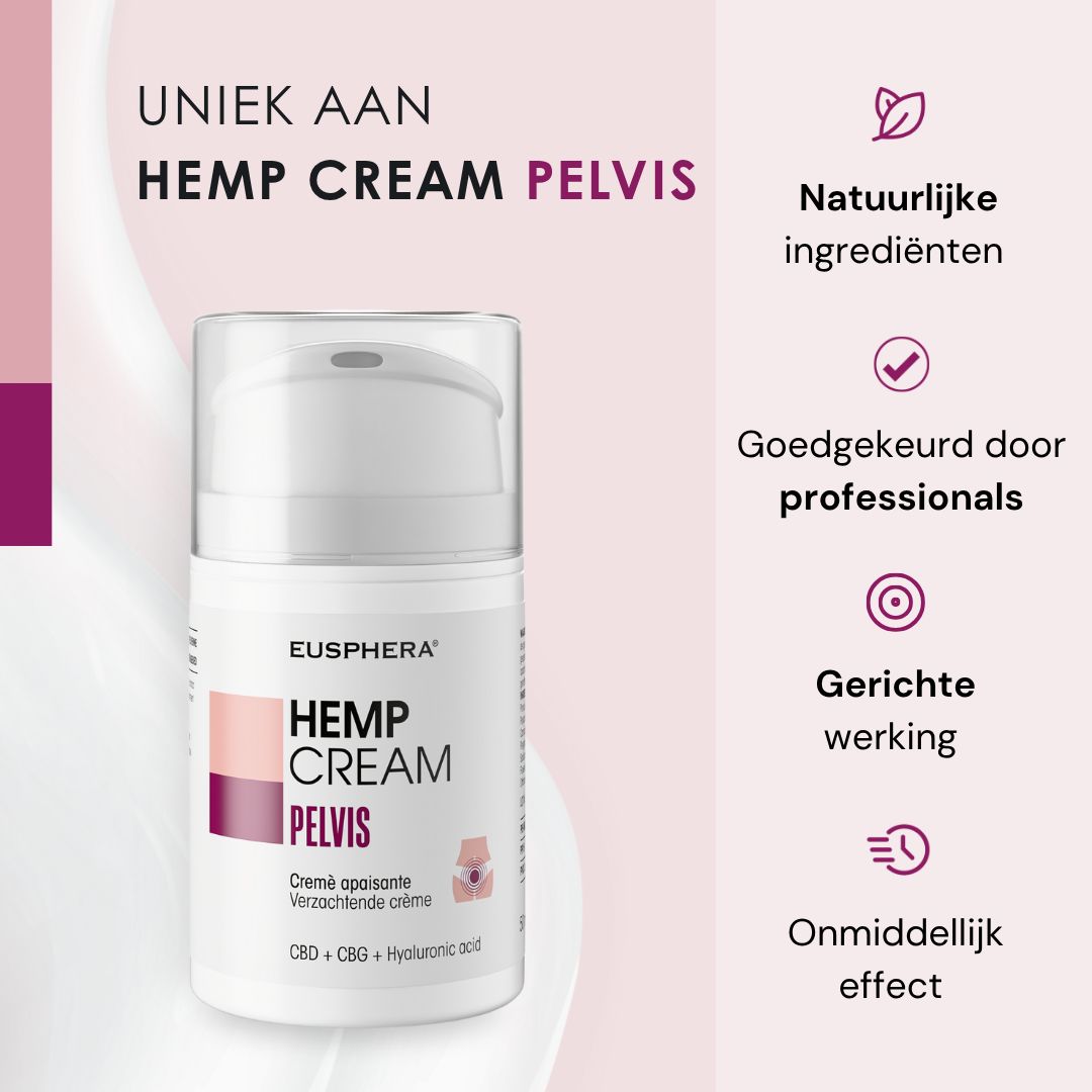 HEMP CREAM PELVIS, witte fles. Tekst: Natuurlijke ingrediënten, etc. Symbolen: blad, vinkje, etc.