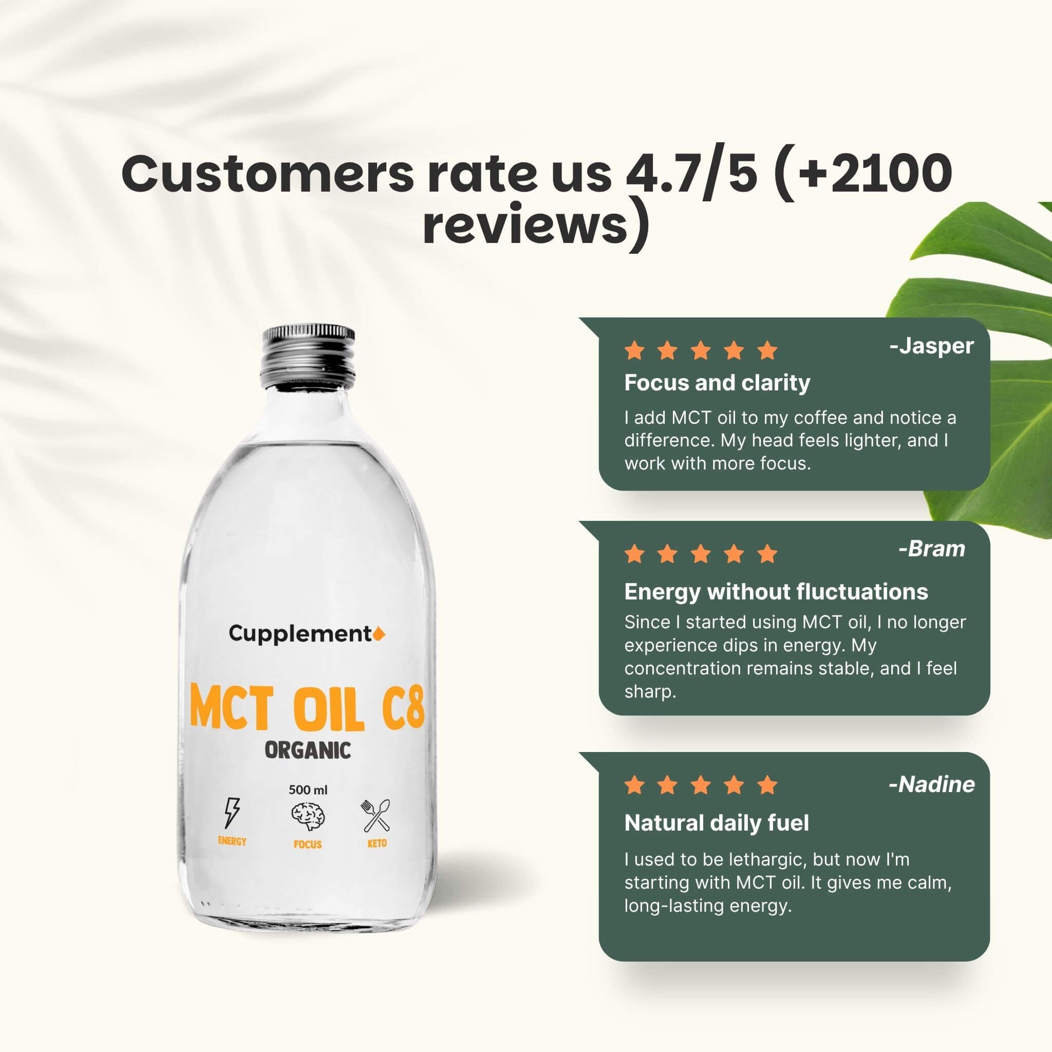 Bouteille MCT Oil C8 Organic, 500 ml. Avis clients avec 4,7/5 étoiles. Citations de clients.