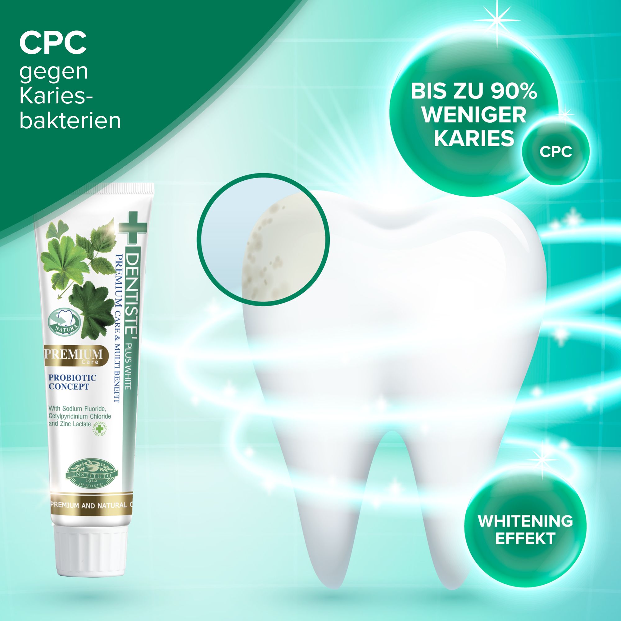 Tube de dentifrice avec texte et illustration de dent. CPC contre les bactéries de la carie. Jusqu'à 90% de caries en moins. Effet blanchissant.