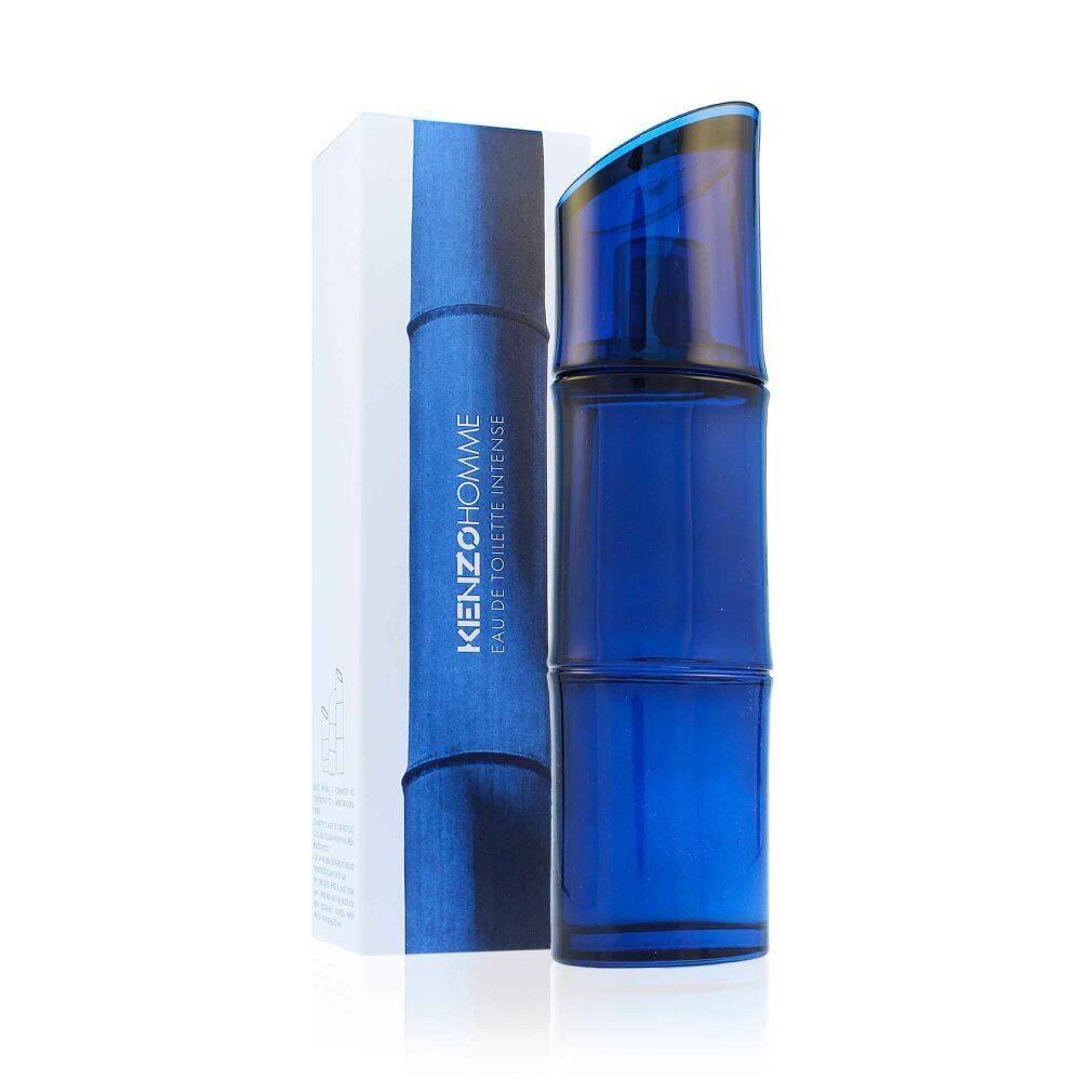 Kenzo Homme Intense Eau de Toilette. Flacon et emballage. Flacon bleu, boîte blanche avec motif bambou bleu.