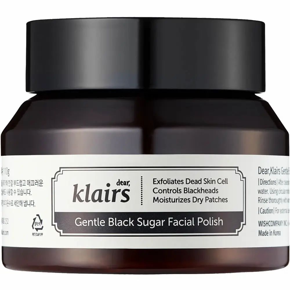 Potje bruine crème. Opschrift: Klairs Gentle Black Sugar Facial Polish. Zwart deksel.