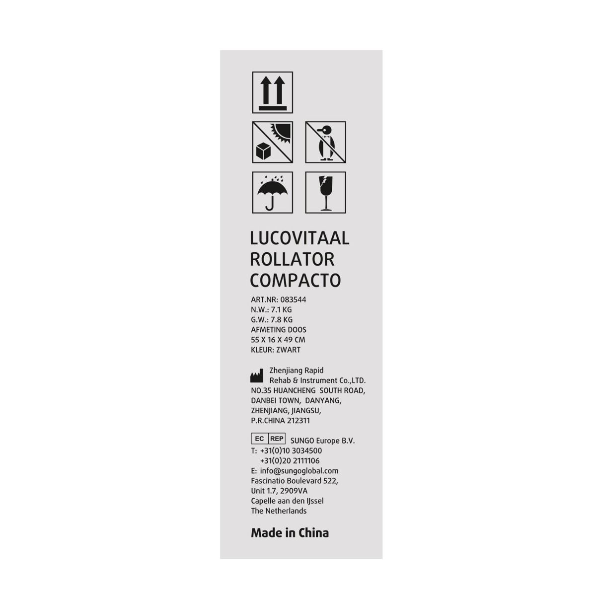 Étiquette avec informations produit pour Rollator Compacto. Fabricant, dimensions, poids, couleur, référence, avertissements et marquage CE.