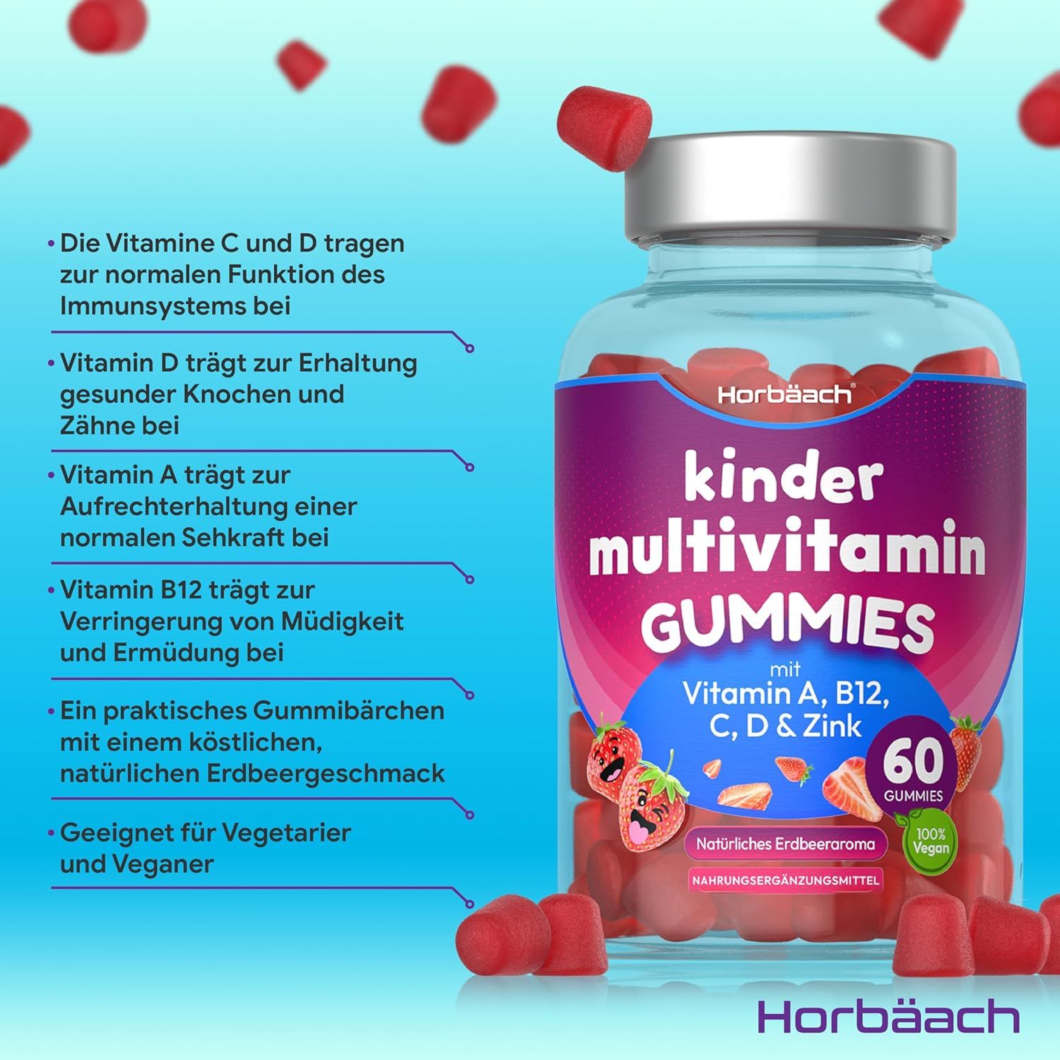 Horbaach Gommes multivitamines. Flacon de 60 gommes. Contient Vitamine A, B12, C, D & Zinc. Végétalien. Arôme fraise. Texte avantages.