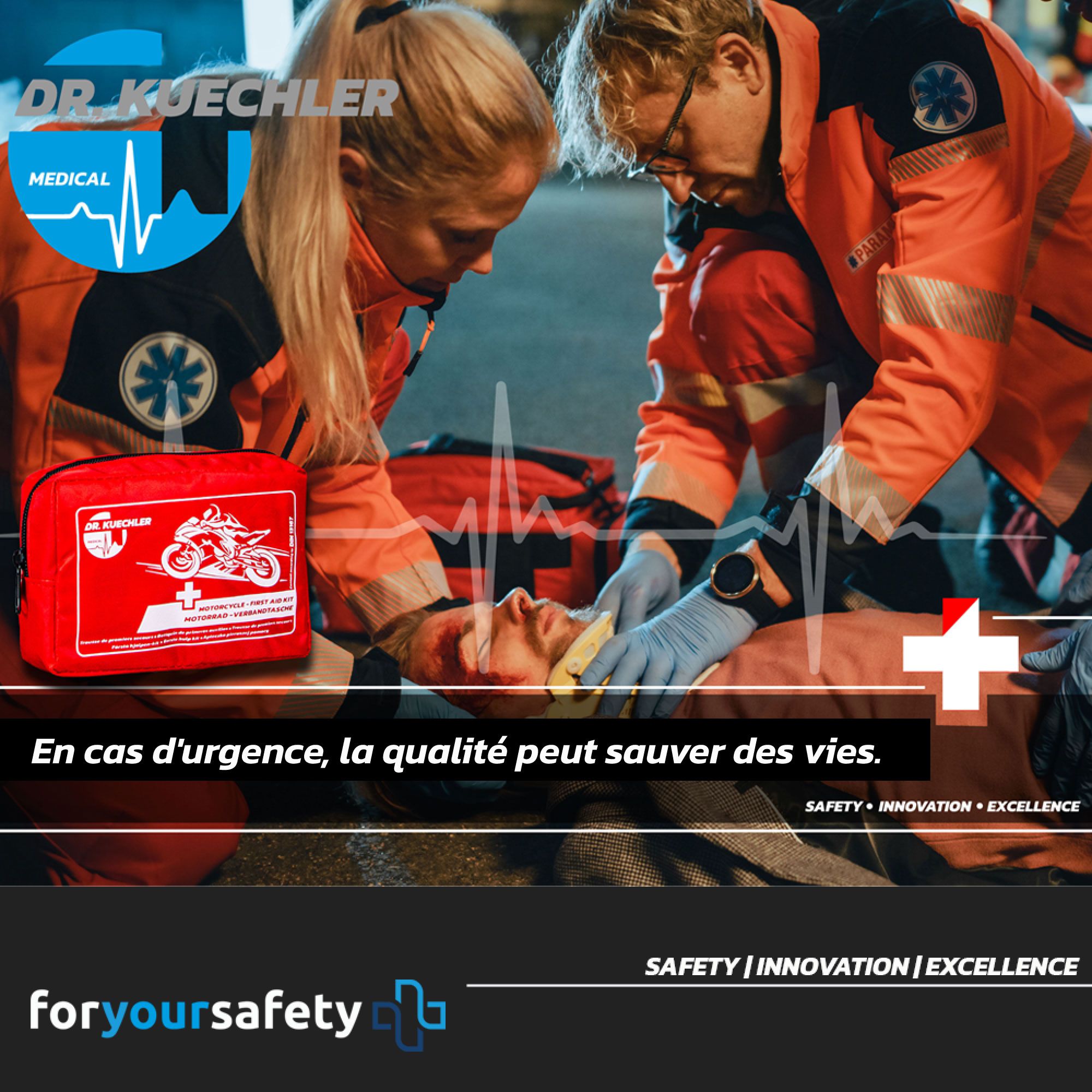 Trousse de secours rouge près des secouristes. Texte: En cas d'urgence, la qualité peut sauver des vies.