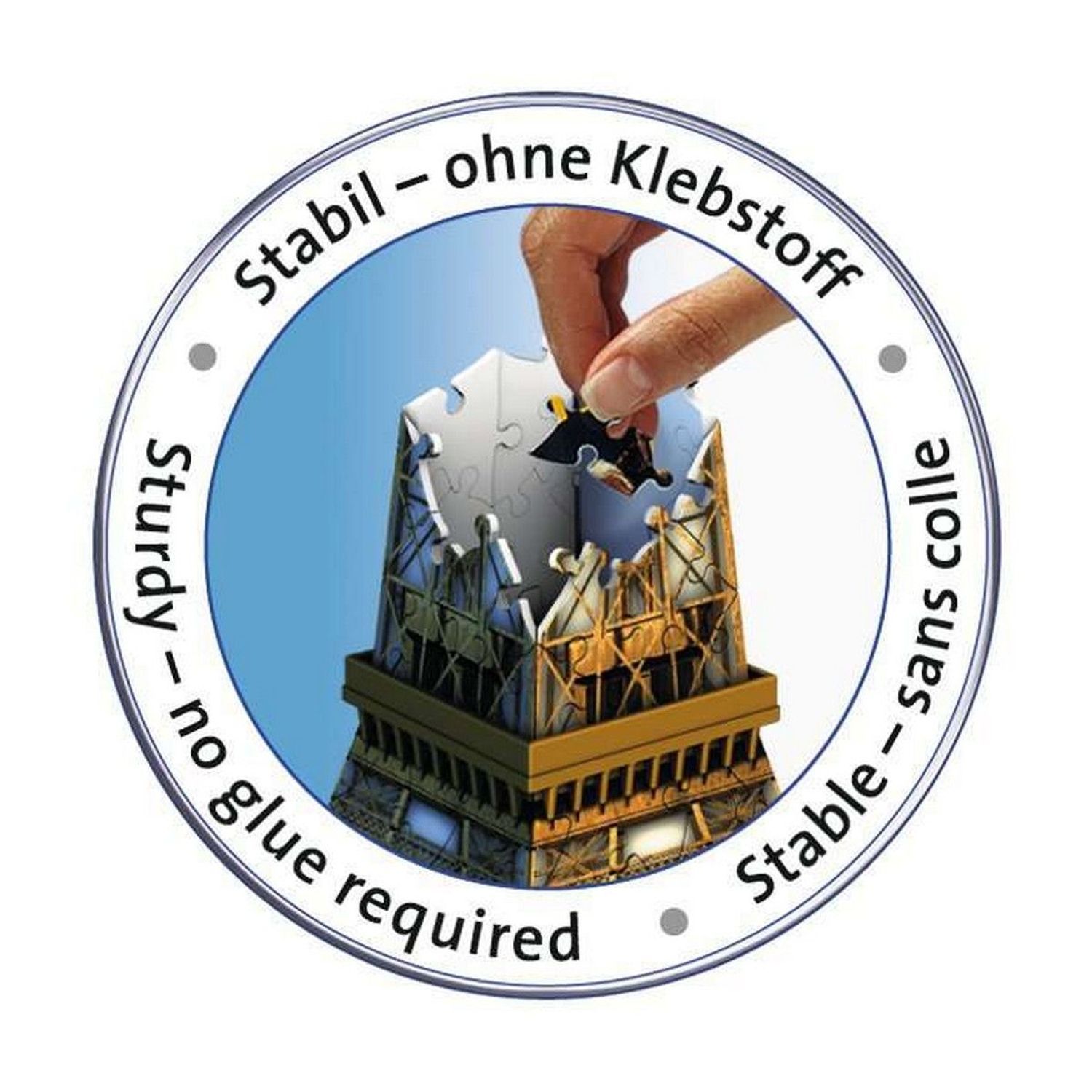 Cirkelvormige illustratie: hand plaatst puzzelstukje in 3D-puzzel Eiffeltoren. Tekst: Stabiel - zonder lijm, Sturdy - no glue required.