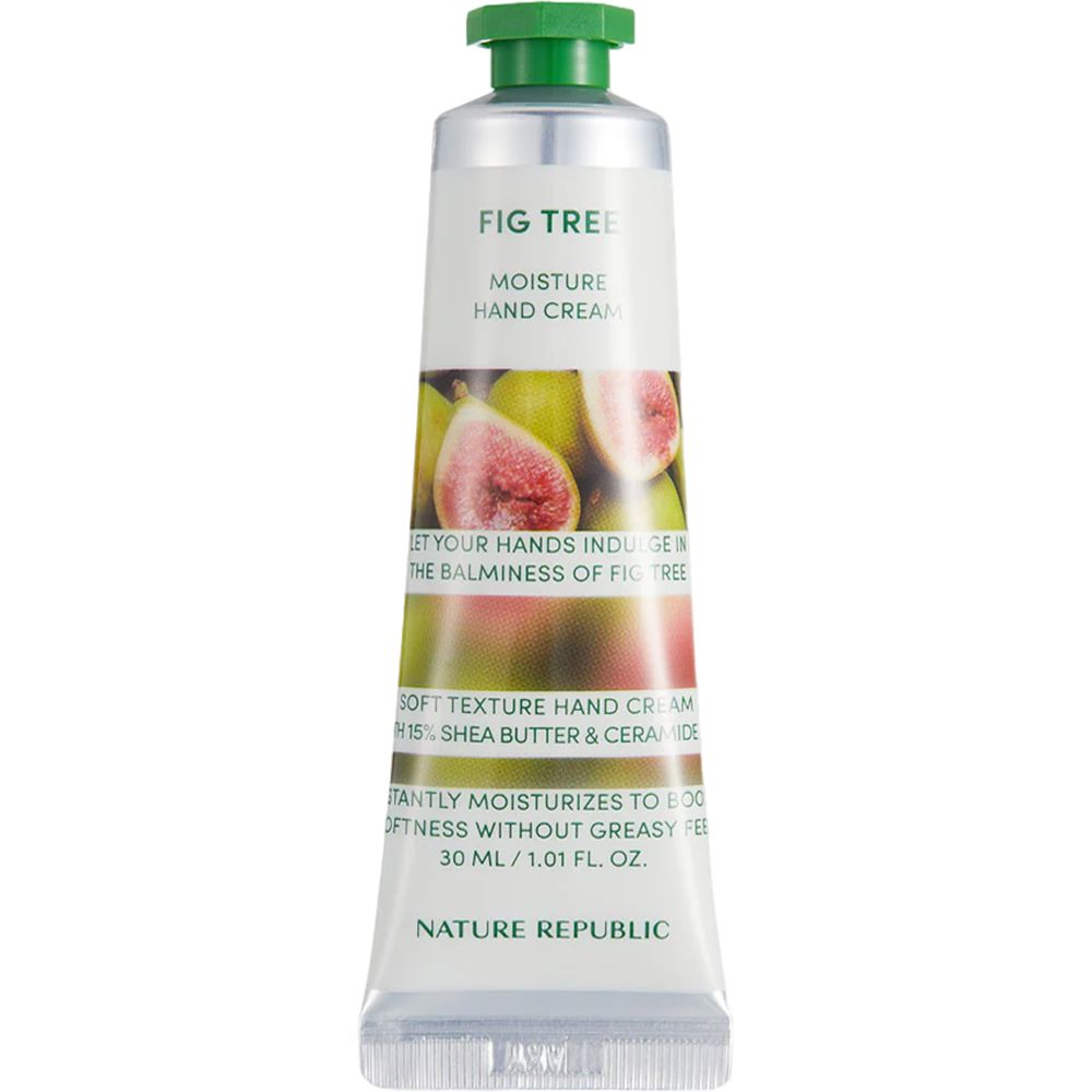 Tube de crème pour les mains avec bouchon vert. Inscription: Fig Tree Moisture Hand Cream. Illustration de figues. Marque: NATURE REPUBLIC.