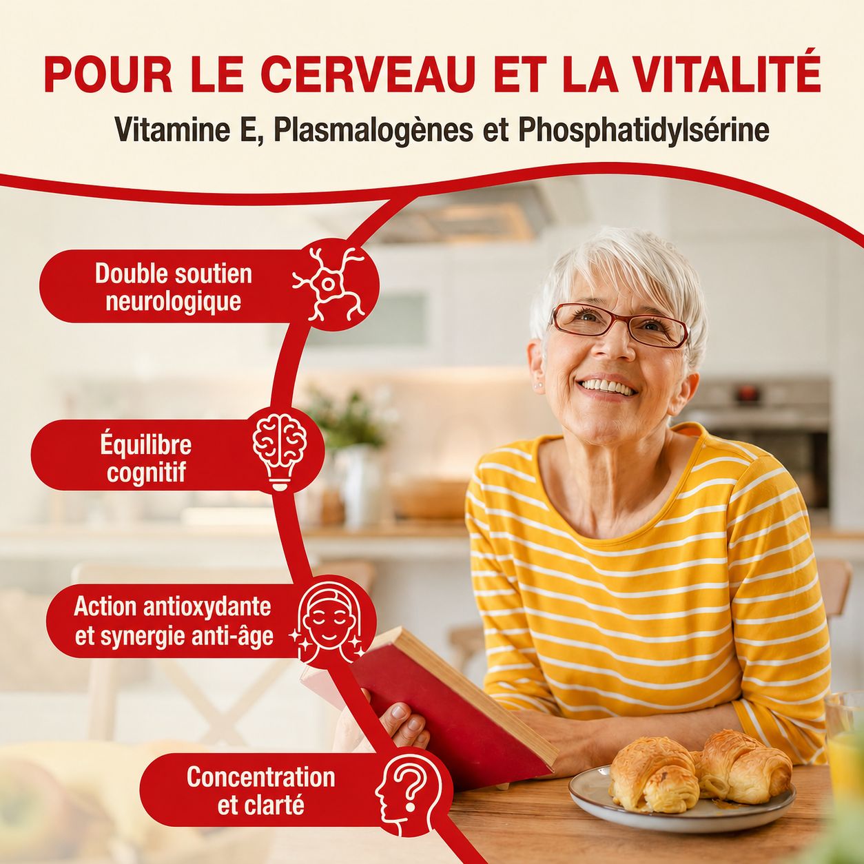 Femme âgée lisant un livre, entourée de zones de texte sur le cerveau et la vitalité.
