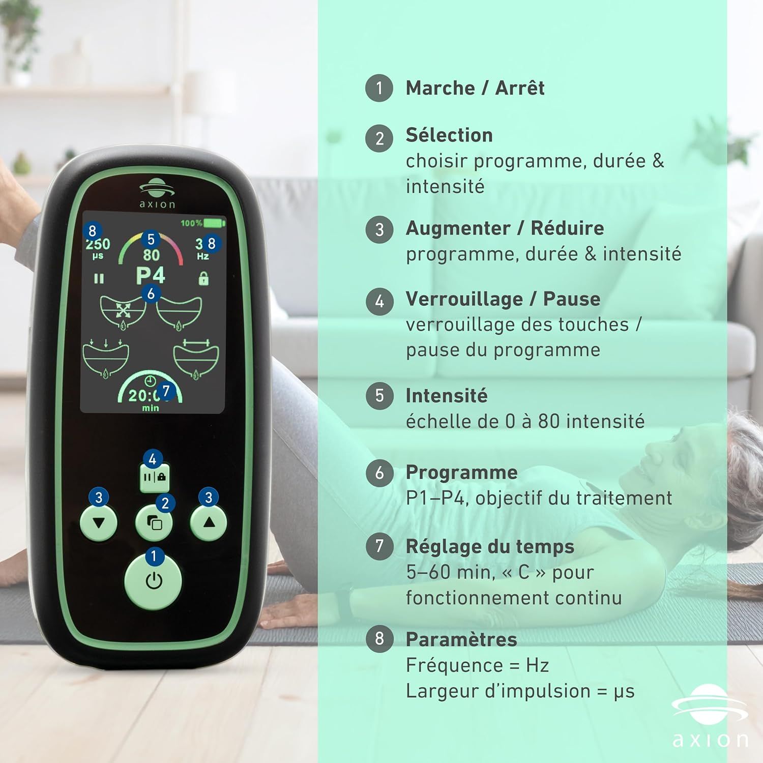 Entraîneur du plancher pelvien axion® I-3000 avec écran et boutons. Texte avec fonctions. Femme sur tapis.