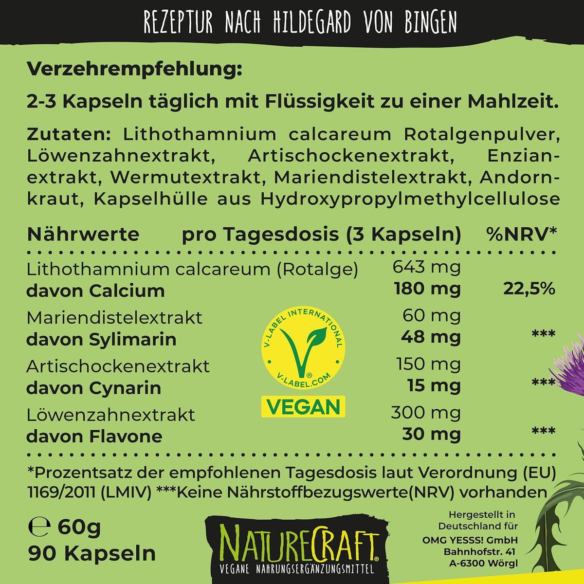 Texte avec ingrédients et valeurs nutritionnelles. Label Vegan. Logo NatureCraft. 90 gélules, 60g.