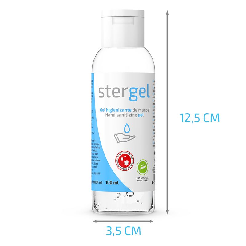 Stergel handdesinfecterende gel, 12,5 cm hoog en 3,5 cm breed, in een doorzichtige fles.
