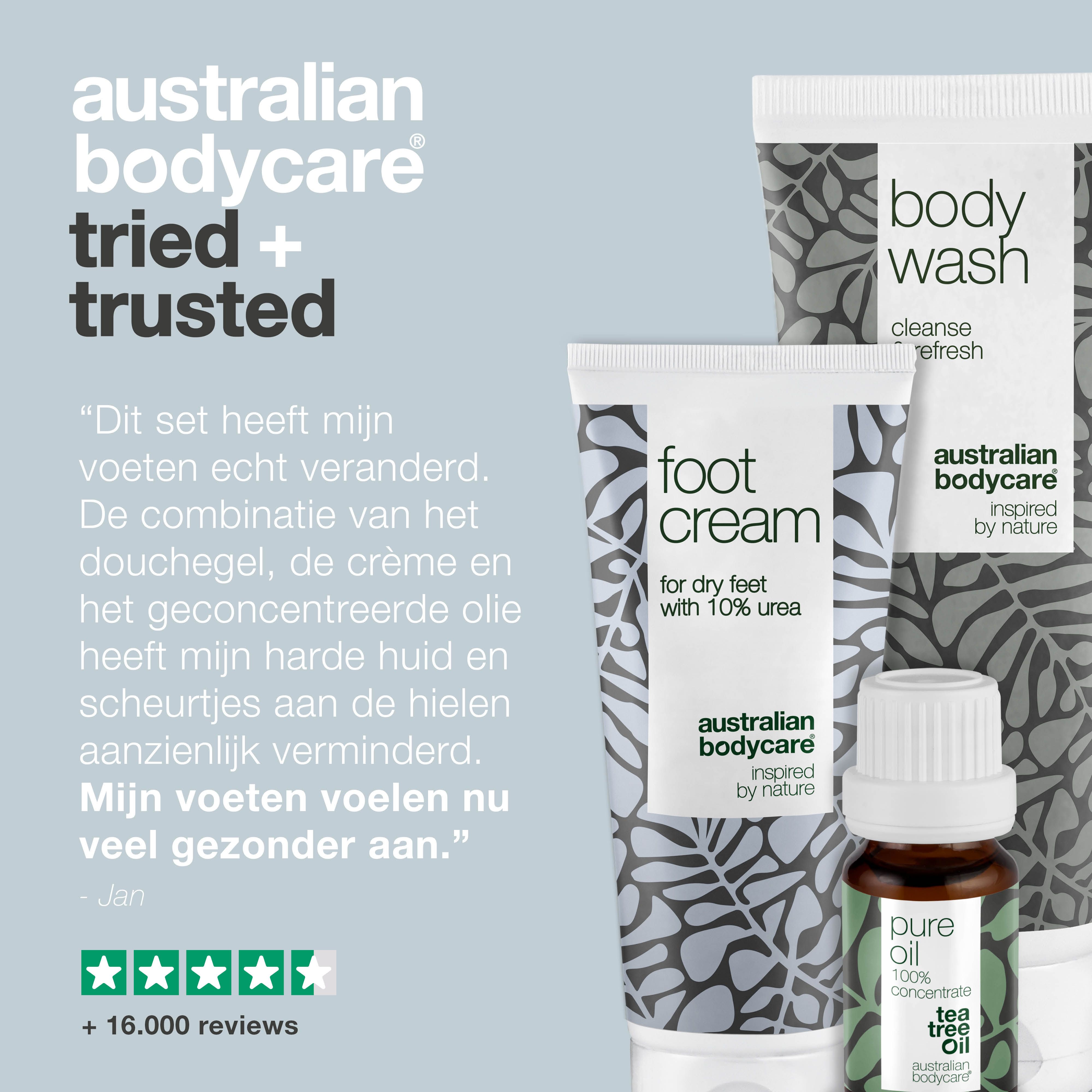 Drie producten: body wash, voetcrème, tea tree olie. Citaat: 'Ce kit a vraiment transformé'. Sterrenbeoordeling.