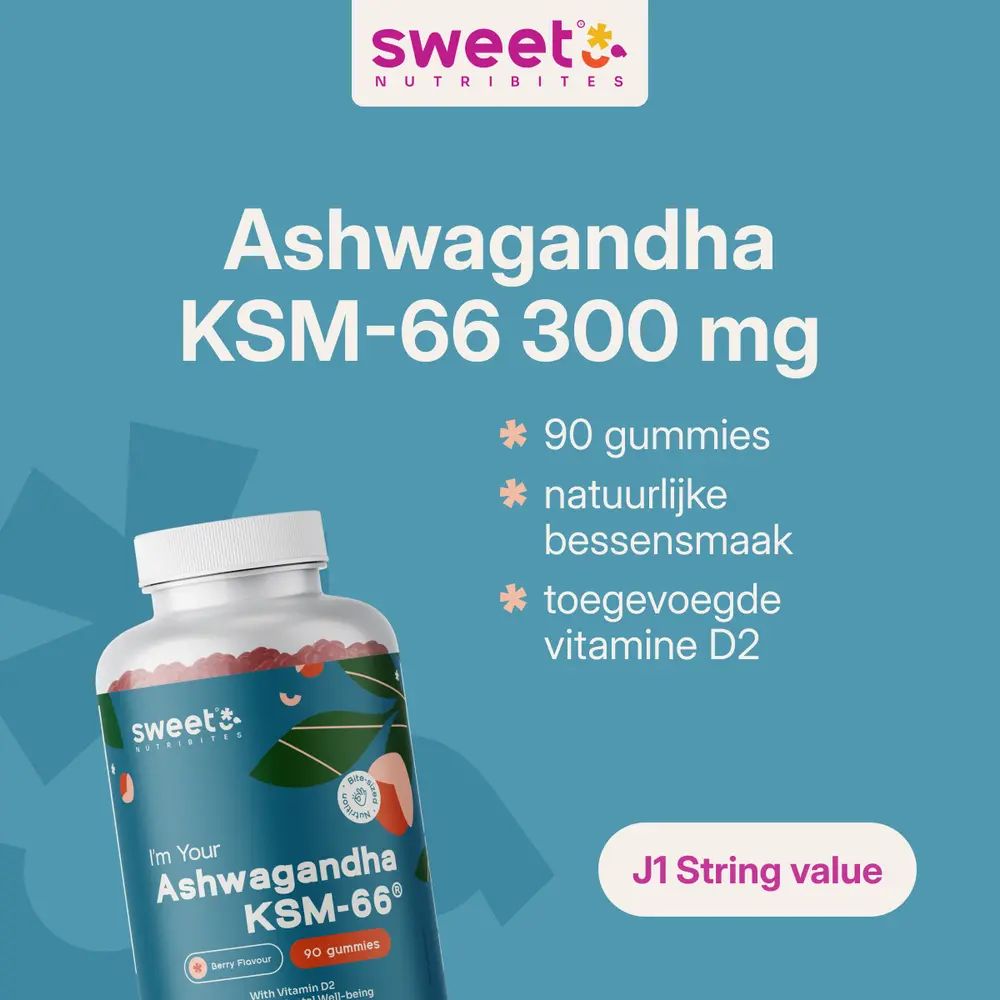 Tekst: Ashwagandha KSM-66 300 mg, 90 gummies, natuurlijke bessensmaak, toegevoegde vitamine D2. Fles met gummies.