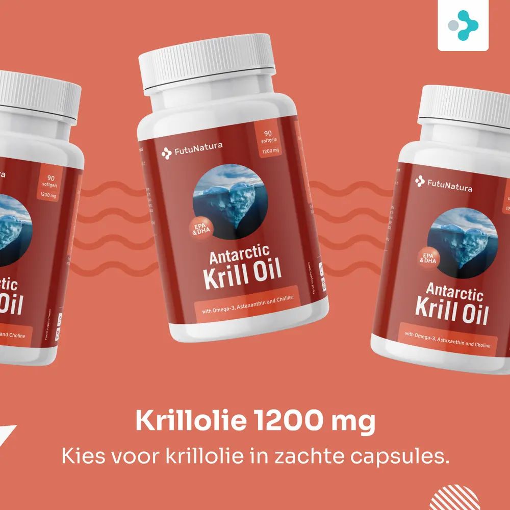 Drie verpakkingen krillolie. Opschrift: Krillolie 1200 mg. Capsules.