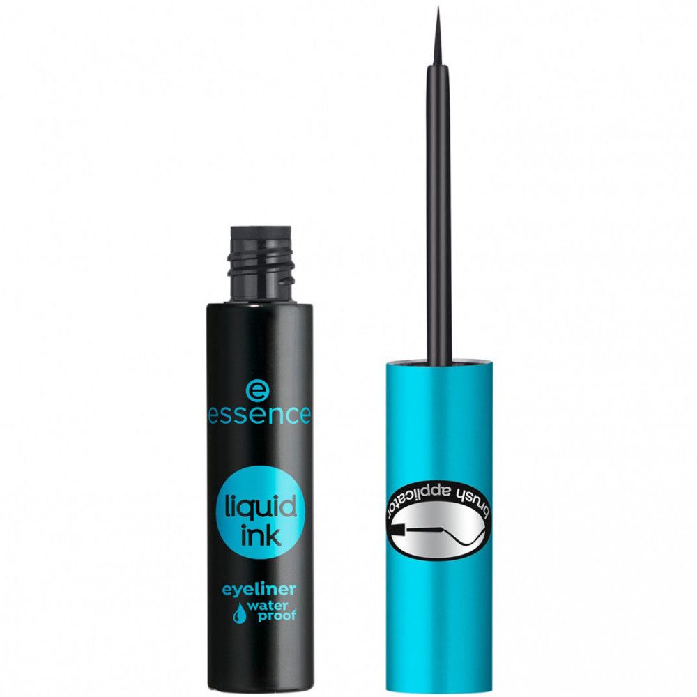 Flacon d'eye-liner noir avec bouchon bleu et applicateur. Inscription: liquid ink, eyeliner waterproof. Marque: essence.