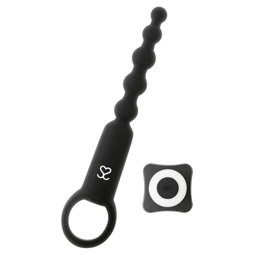 Jouet anal noir avec extrémité côtelée, anneau et télécommande carrée. Télécommande avec cercle blanc et symbole d'onde.