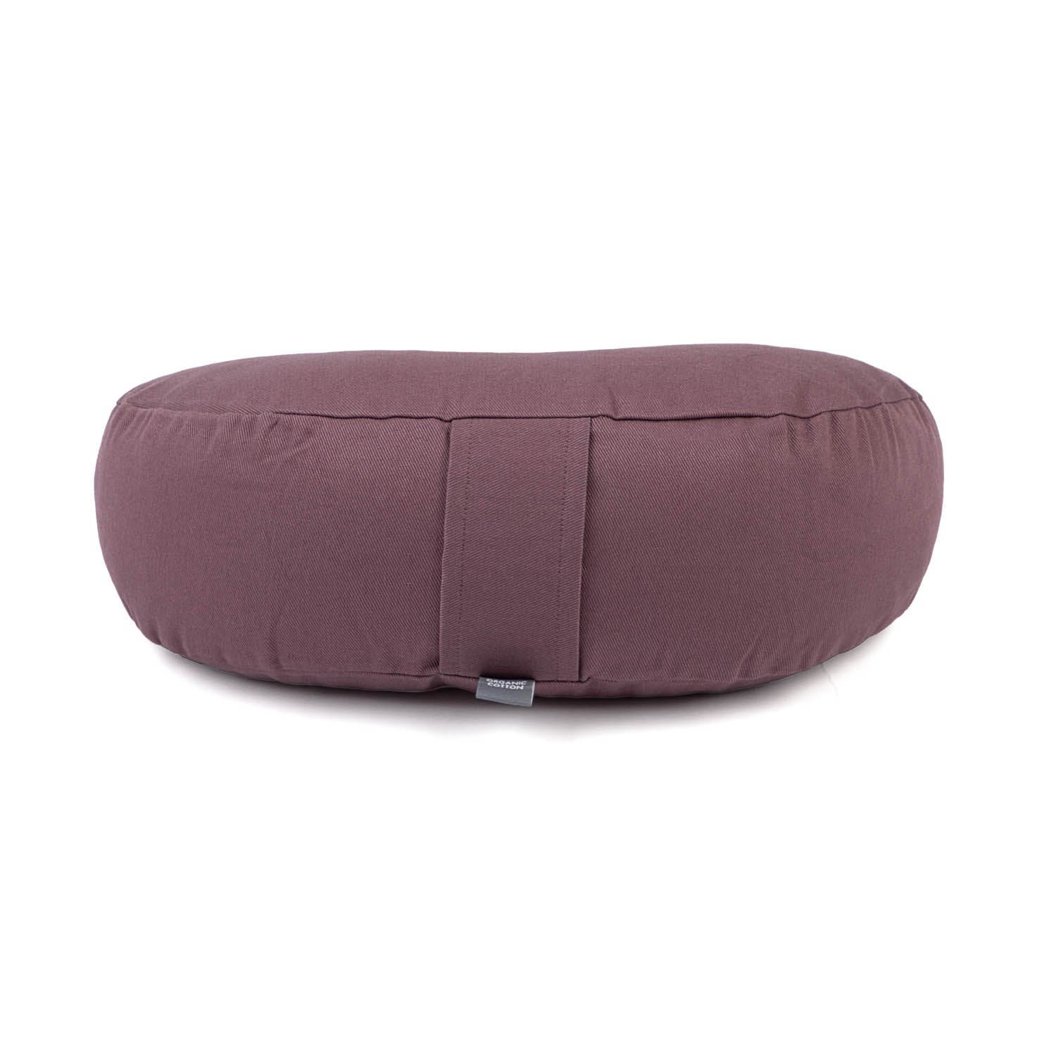 Paars, rond meditatiekussen met plooien en een label.