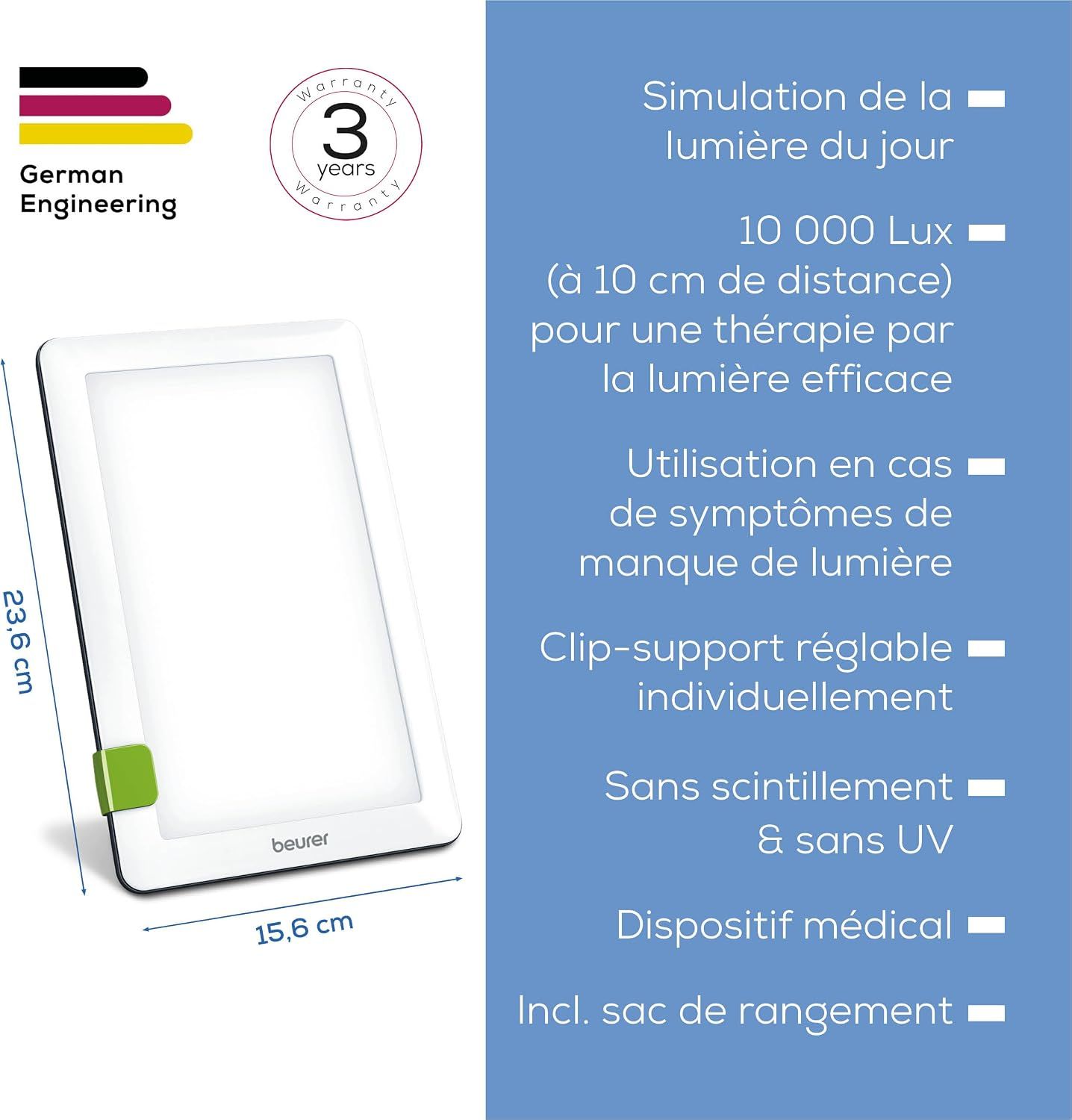 Appareil d'éclairage, 15,6 x 23,6 cm, avec support, "German Engineering" et garantie 3 ans.