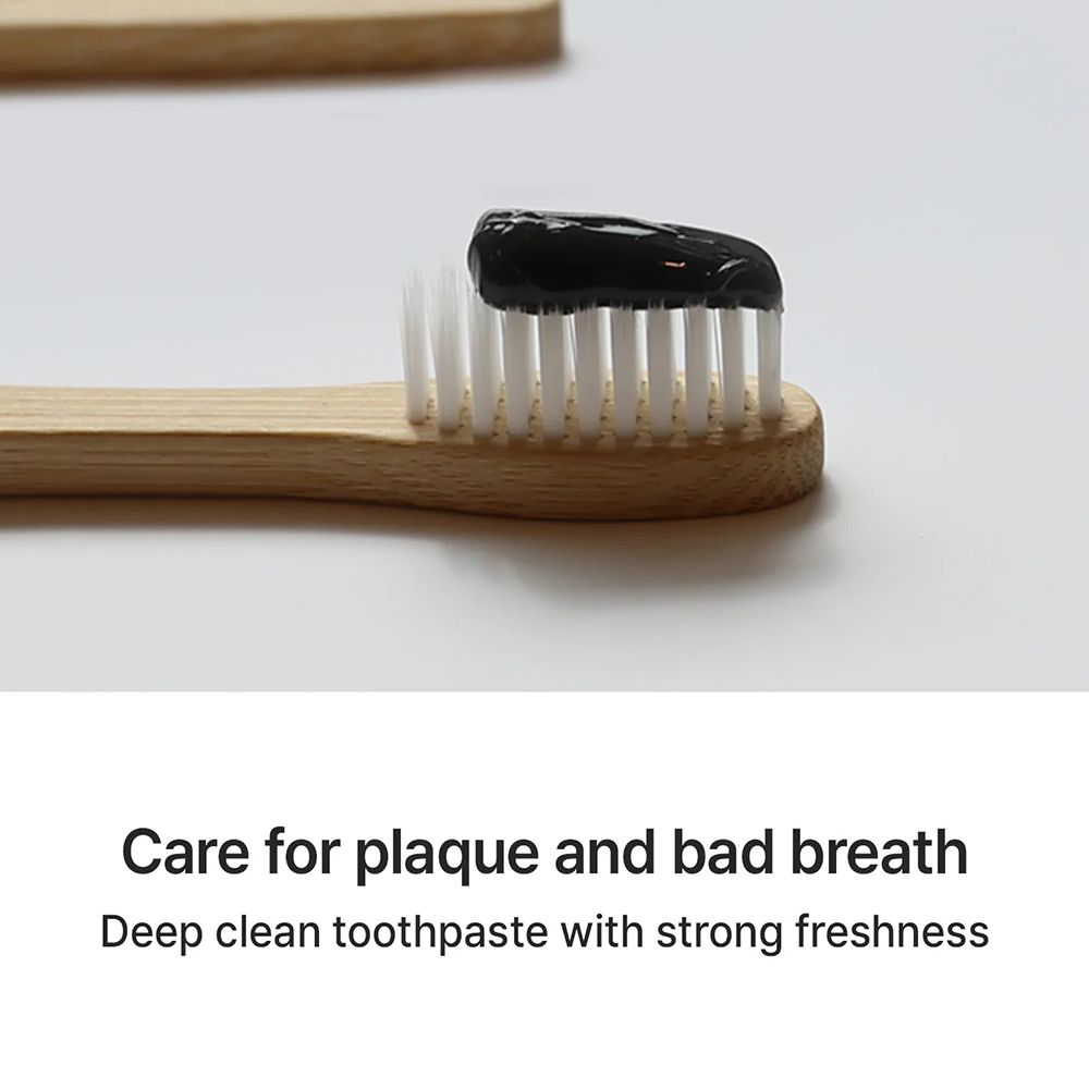 Tandenborstel met zwarte tandpasta. Houten handvat, witte borstelharen. Tekst: Care for plaque and bad breath.