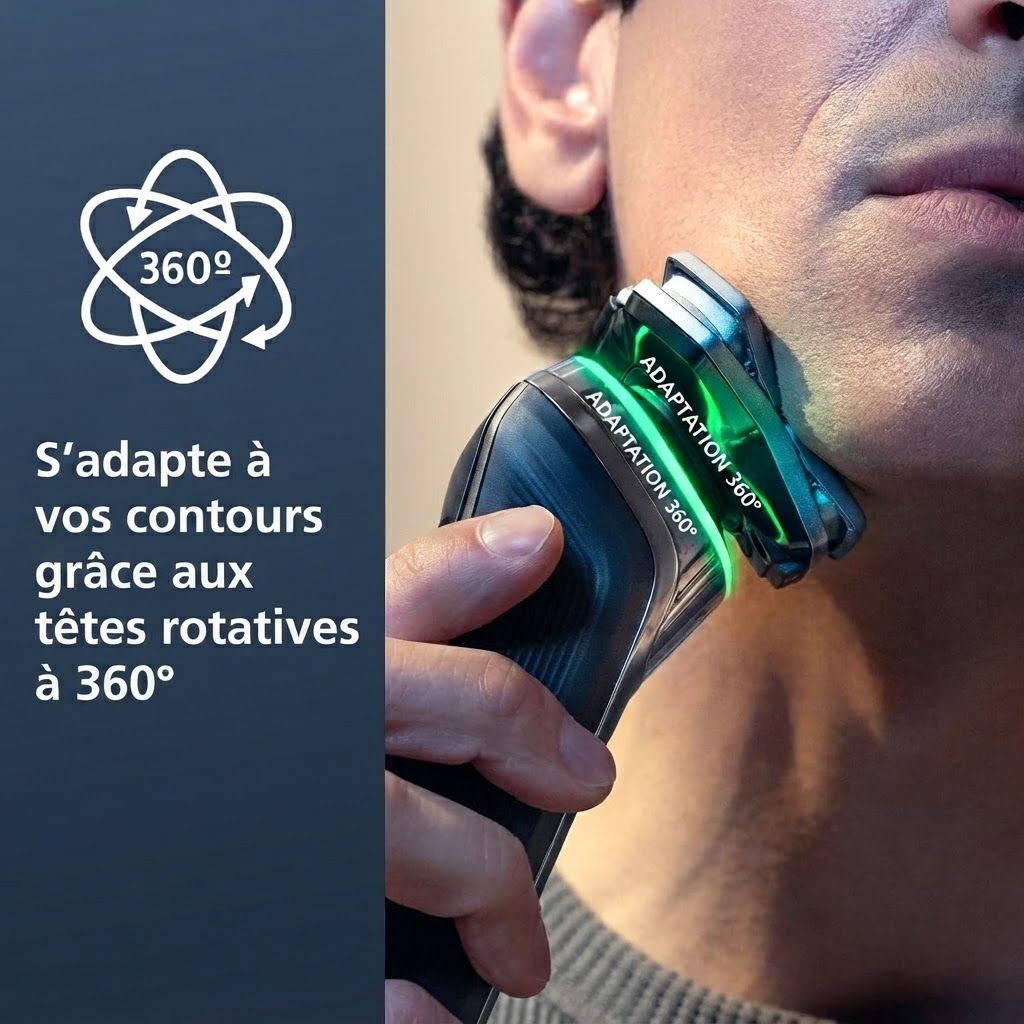 Rasoir électrique avec têtes pivotantes à 360° s'adaptant aux contours du visage.