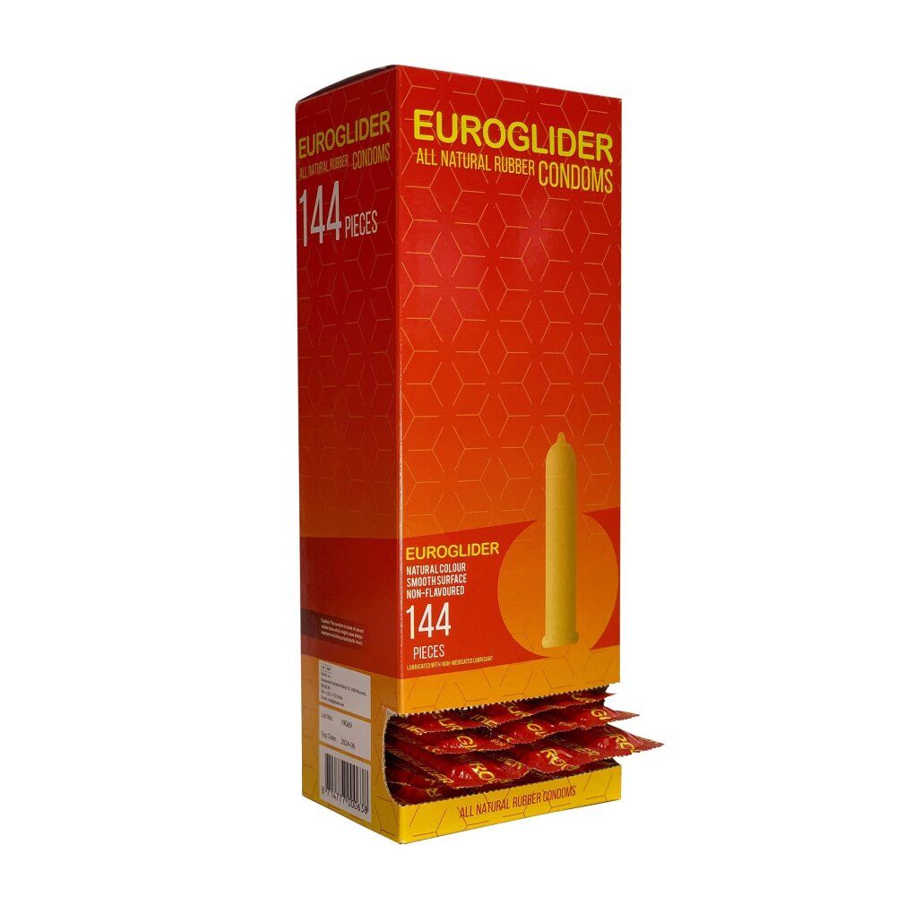 Euroglider-verpakking met 144 condooms. Open verpakking met condooms zichtbaar. Opschrift: All Natural Rubber Condoms.