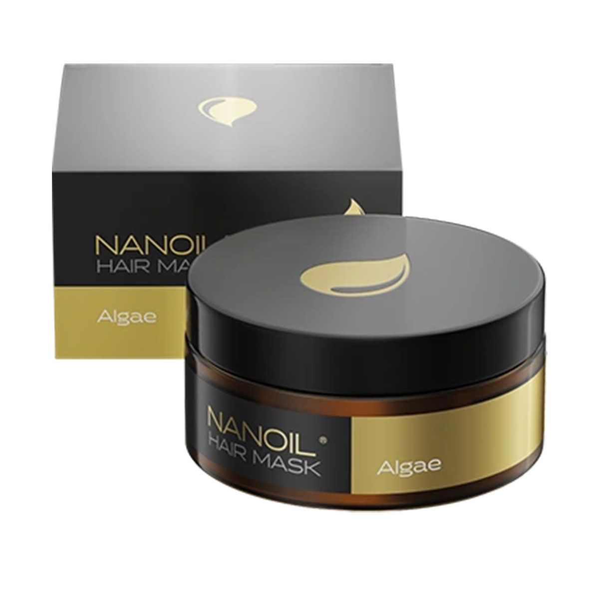 Masque capillaire Nanoil aux algues à côté de son emballage. Les deux montrent le logo et le nom du produit "Nanoil Hair Mask Algae".