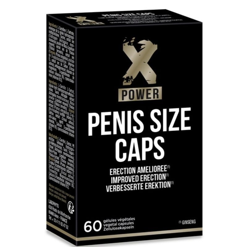 XPOWER Penis Size Caps verpakking, 60 vegetarische capsules, Ginseng-symbool.