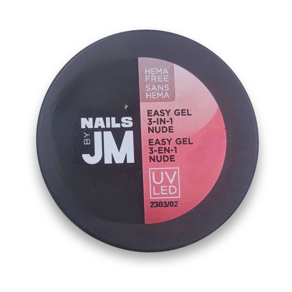 Ronde zwarte pot met roze gel. Opschrift: Nails by JM, Easy Gel 3-in-1 Nude, HEMA Free. UV LED.