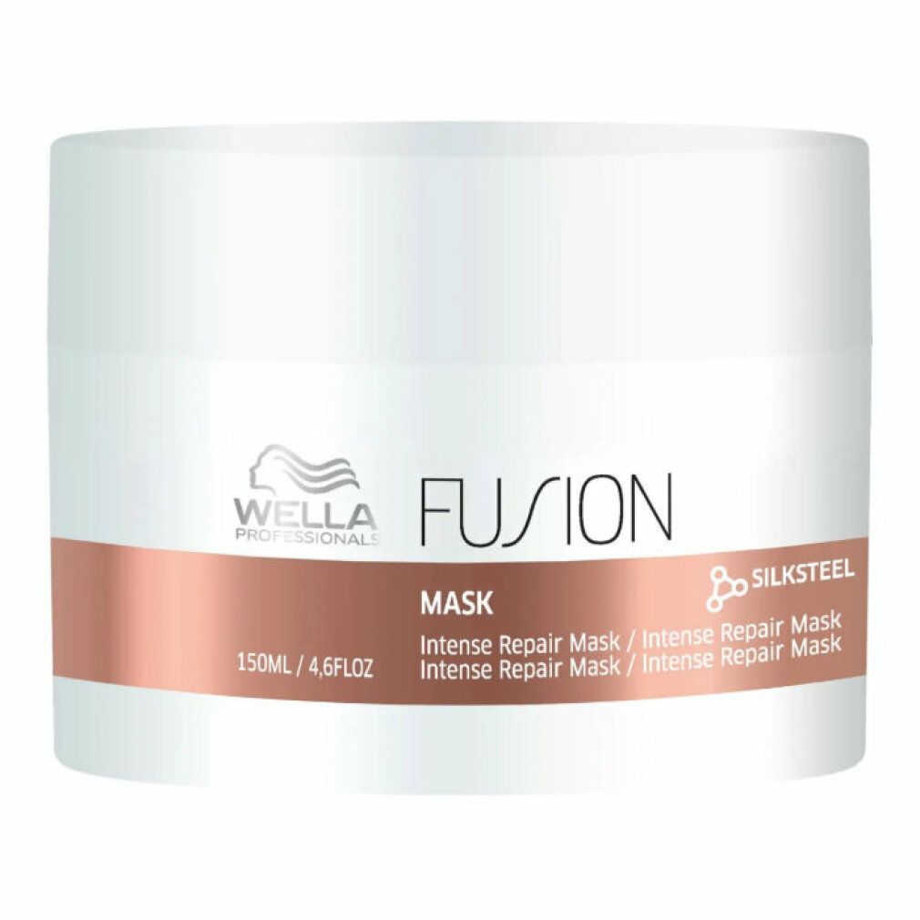 Pot blanc avec bande marron. Inscription: FUSION Mask, 150 ml/4.6 fl oz. Marque Wella.