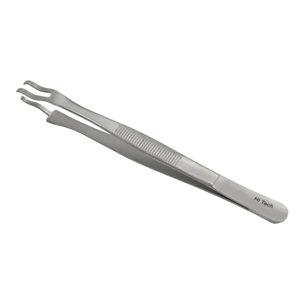 Pince de stérilisation en métal. Extrémités de préhension à trois dents. Surface de préhension striée. Inscription "Hi Tech".