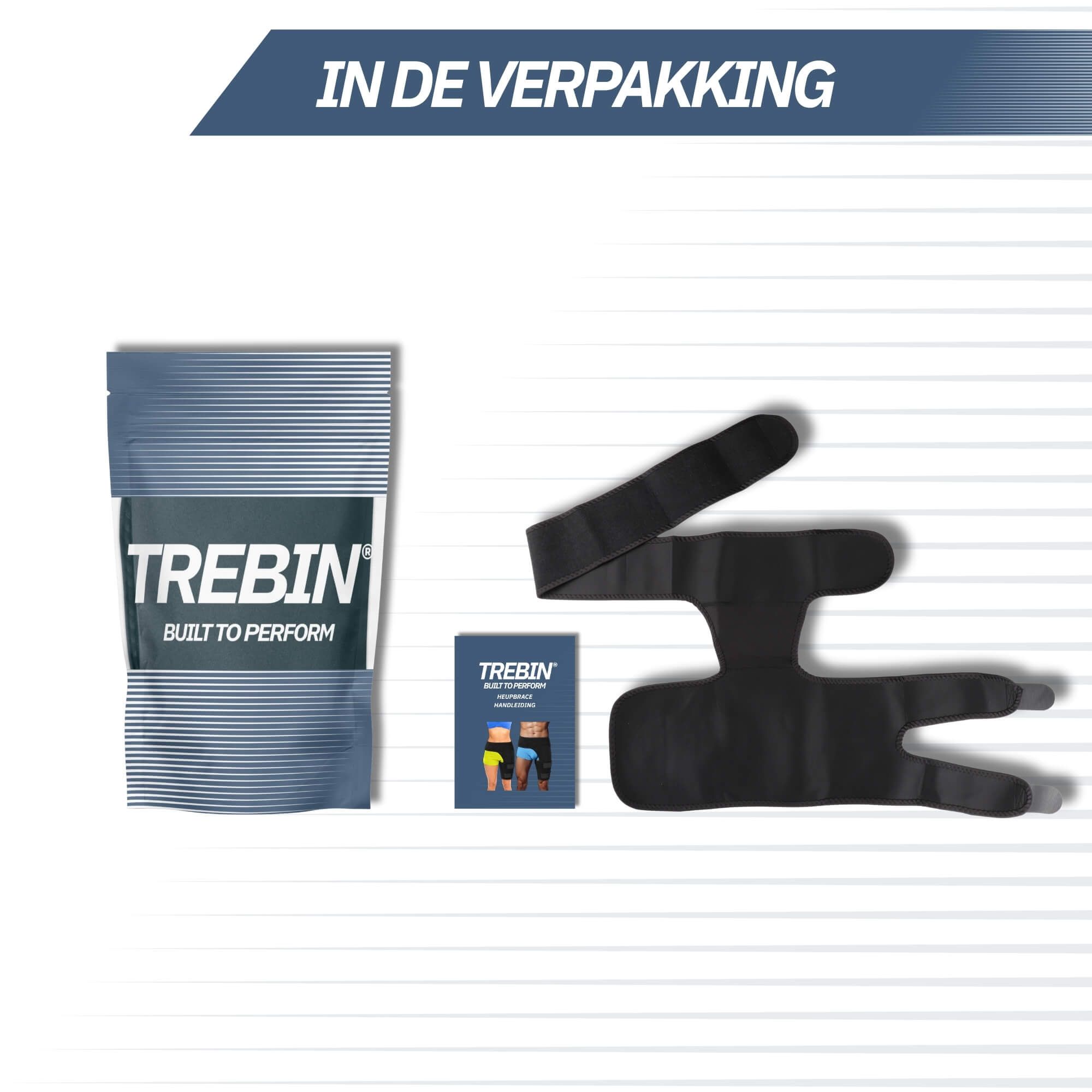 Verpakking met Trebin-logo, een handleiding en een zwarte heup- en dijbeenbrace.