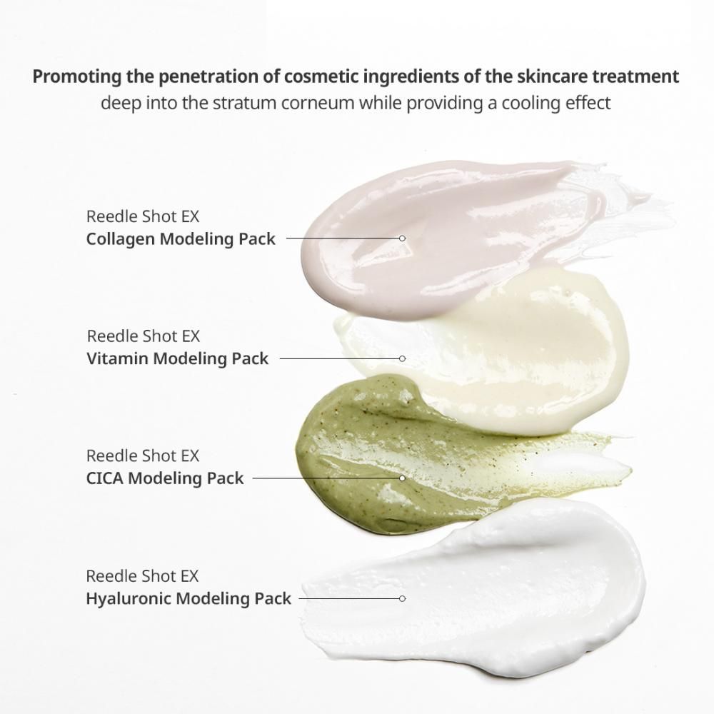 Vier verschillende modellerende maskers in pastavorm: collageen (roze), vitamine (lichtgeel), CICA (groen) en hyaluronzuur (wit).