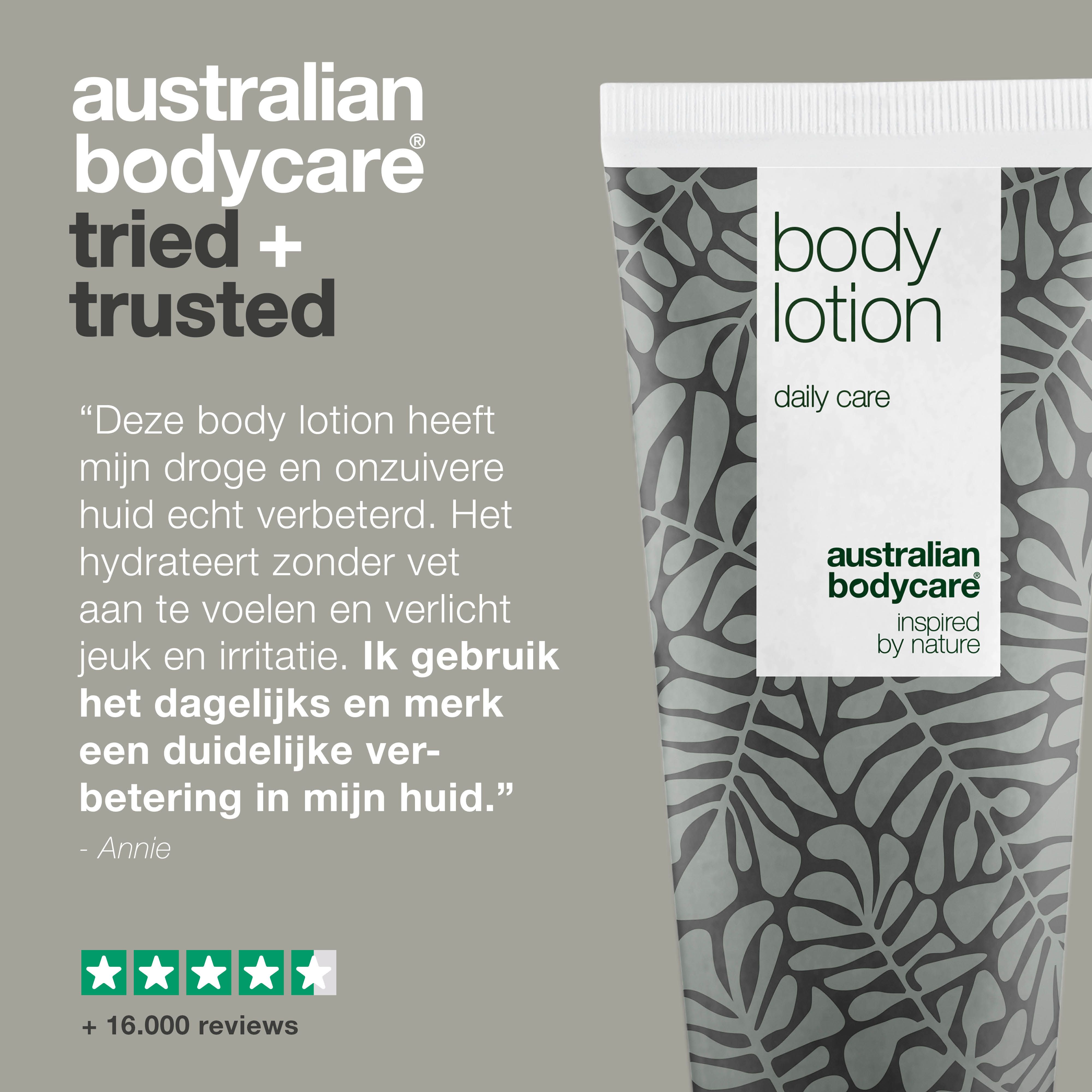 Collage van personen met producten. Tekst "Australian Bodycare".