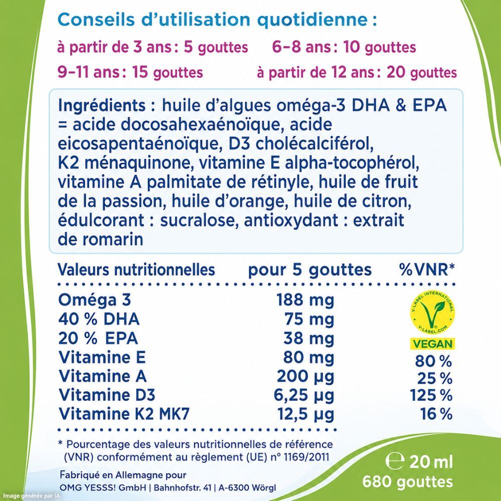 Bouteille et boîte d'huile d'algues oméga-3 pour enfants. Avec fruits et motifs marins. Contient des informations nutritionnelles.