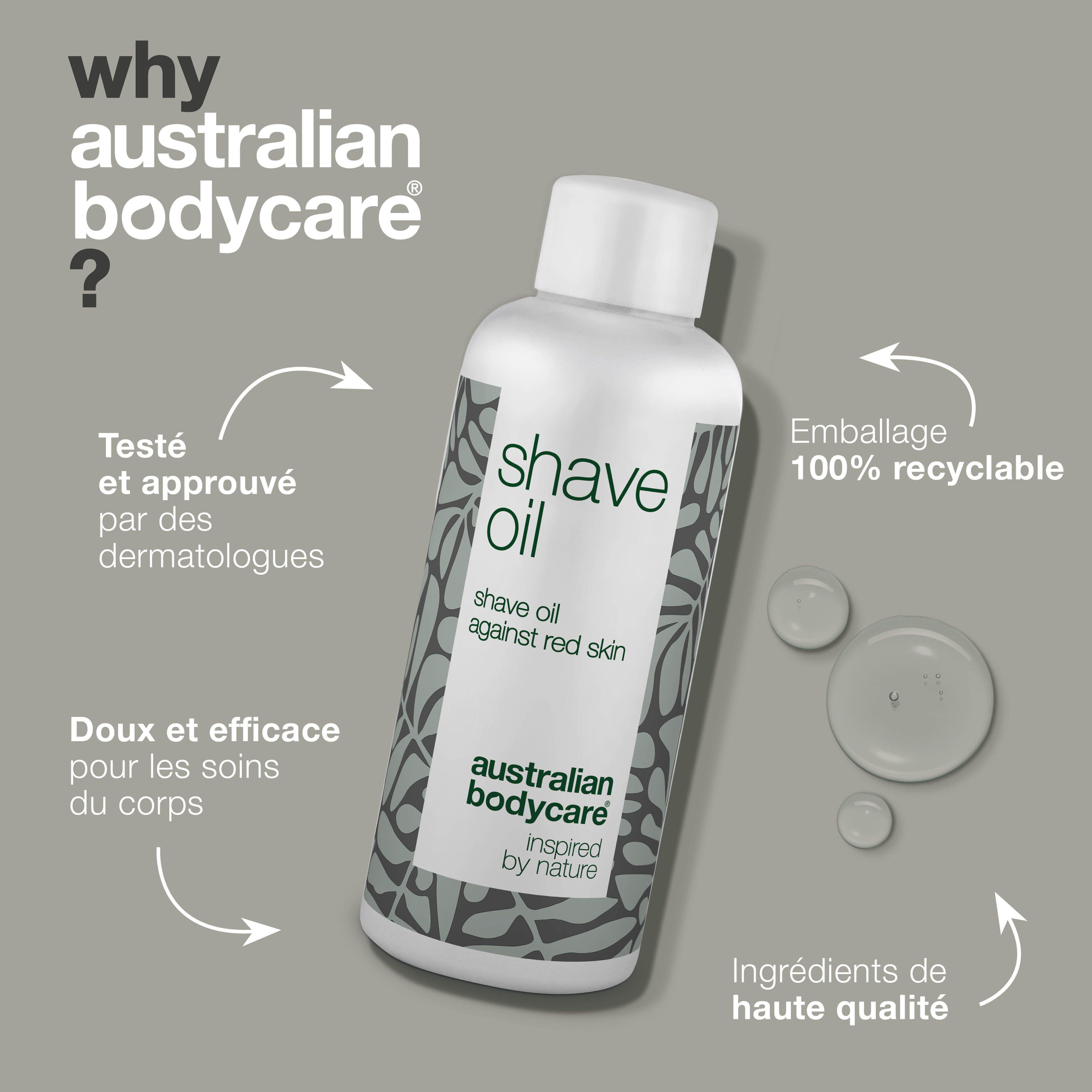 Flacon Shave Oil, contre les rougeurs. Marque : Australian Bodycare. Texte : Emballage 100% recyclable.