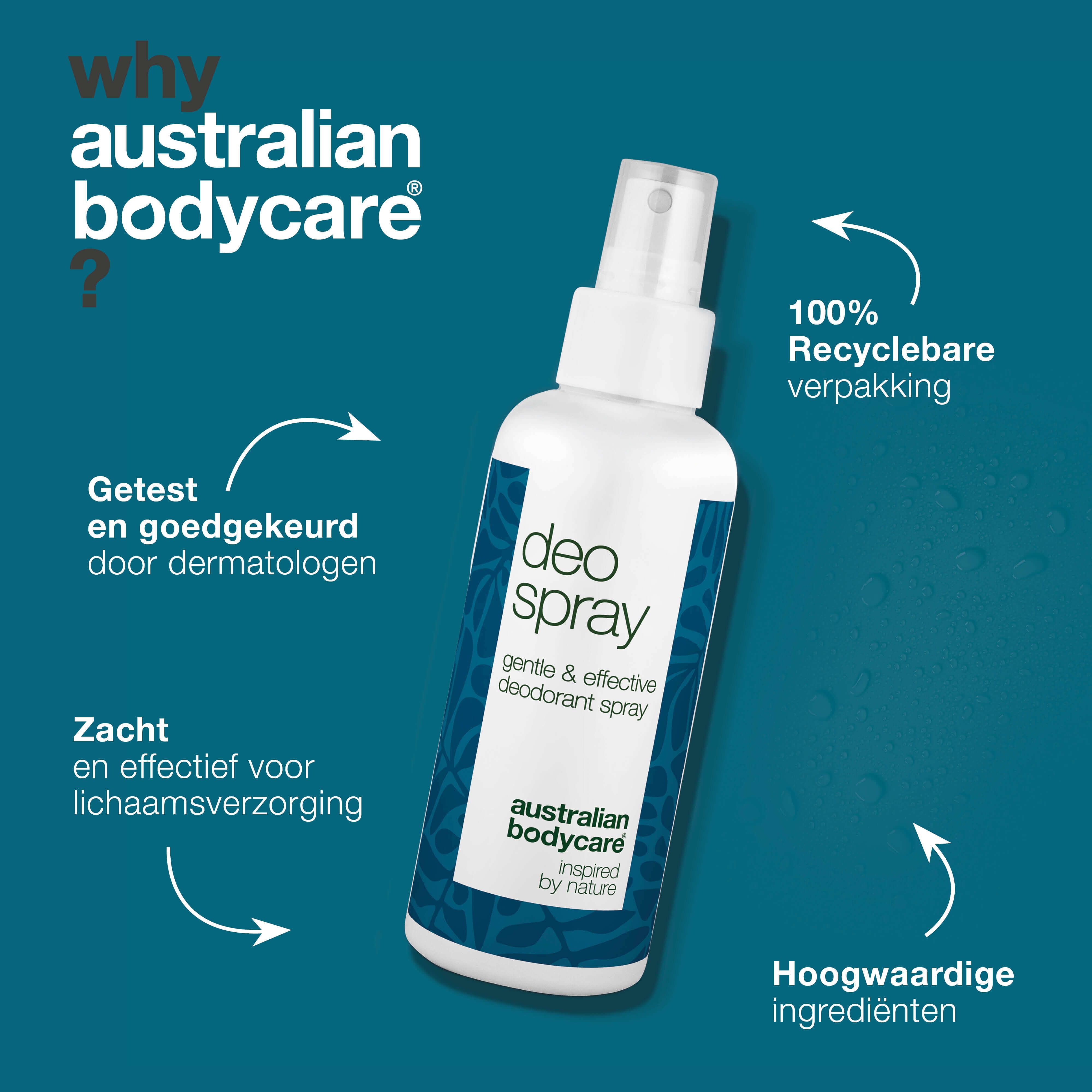 Witte deodorant spray fles. Tekst: Deo Spray, Australian Bodycare. 100% recyclebare verpakking.