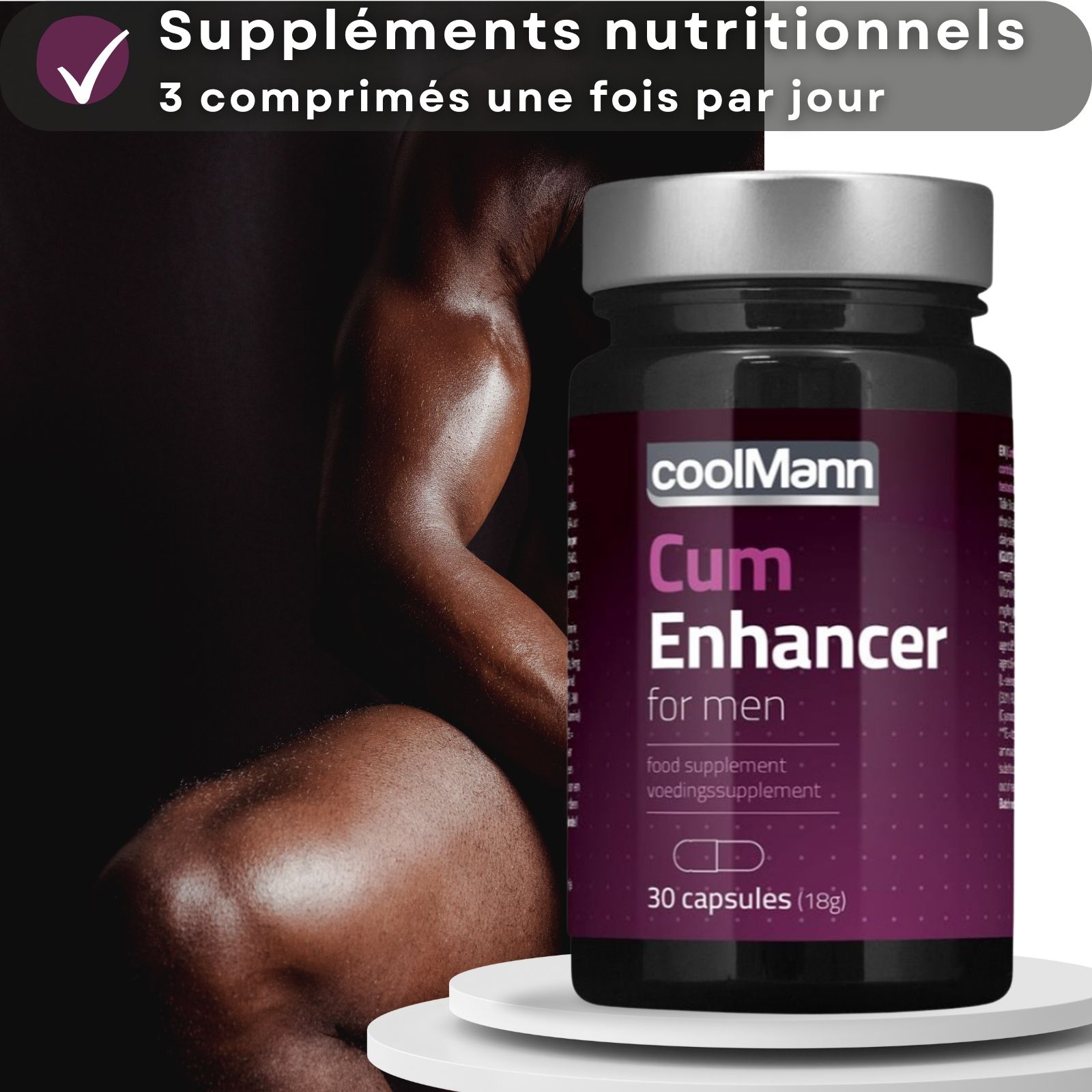 Flacon du produit. Texte : "coolMann Cum Enhancer for men". Homme musclé en arrière-plan. 30 gélules. Couvercle argenté.